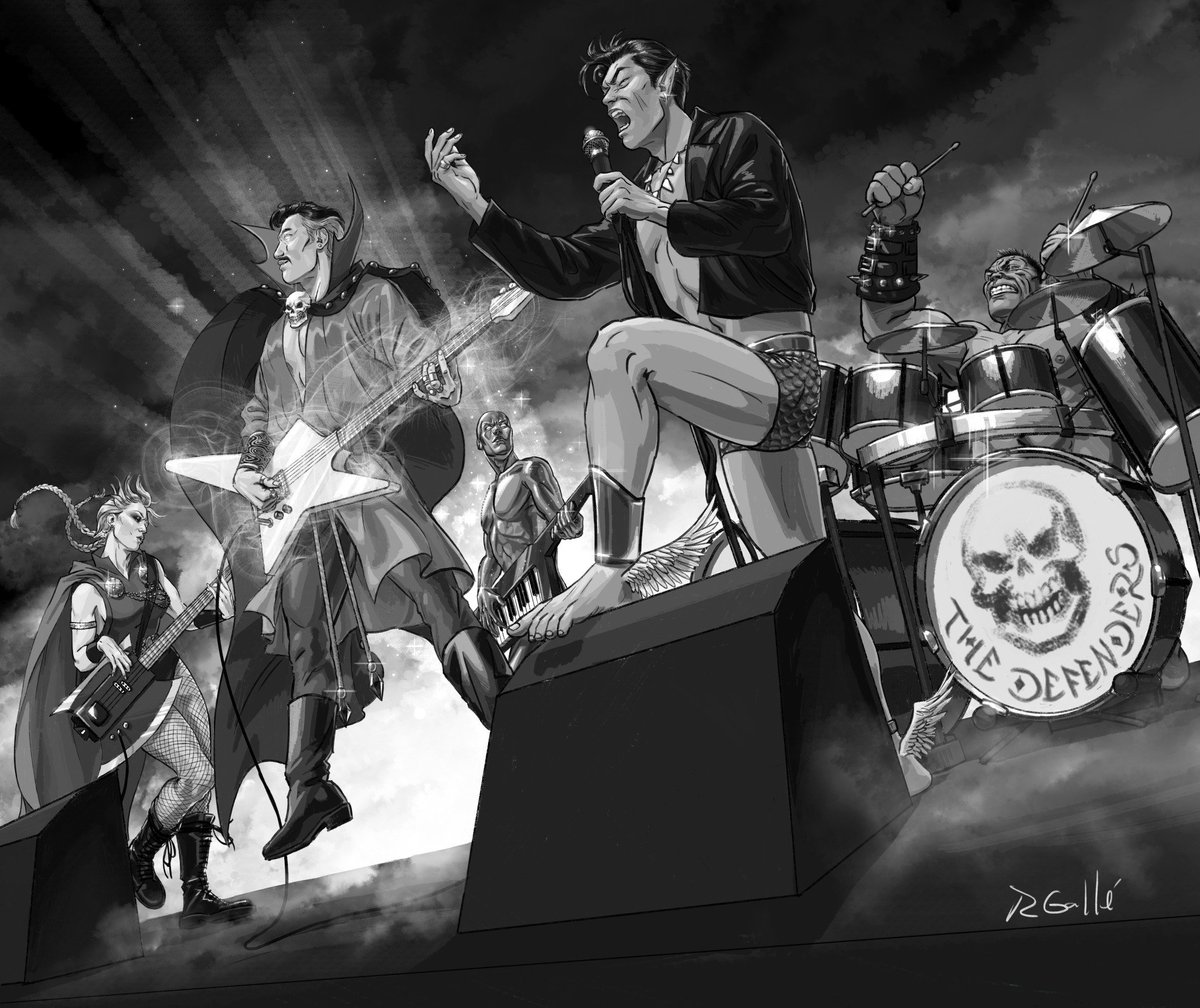 ImperiusWrecked's tweet photo. all this talk of TVL is a perfect time to once again mention my The Defenders Rock Band AU. 
They fight the strange and dark forces of evil with the power of magic, friendship, song, and maybe cocaine, who knows

(art by my beloved @pointdotiozao ) https://t.co/Fj6sWQA64o
