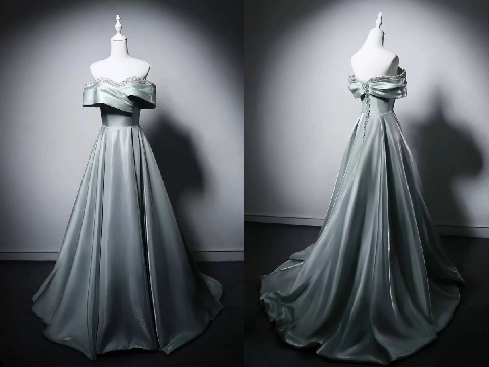 promfaststore's tweet photo. Beautiful New Sage Green Satin Ball Gown with Beaded Off Shoulder Bodice https://t.co/NB0SU3pzYE
