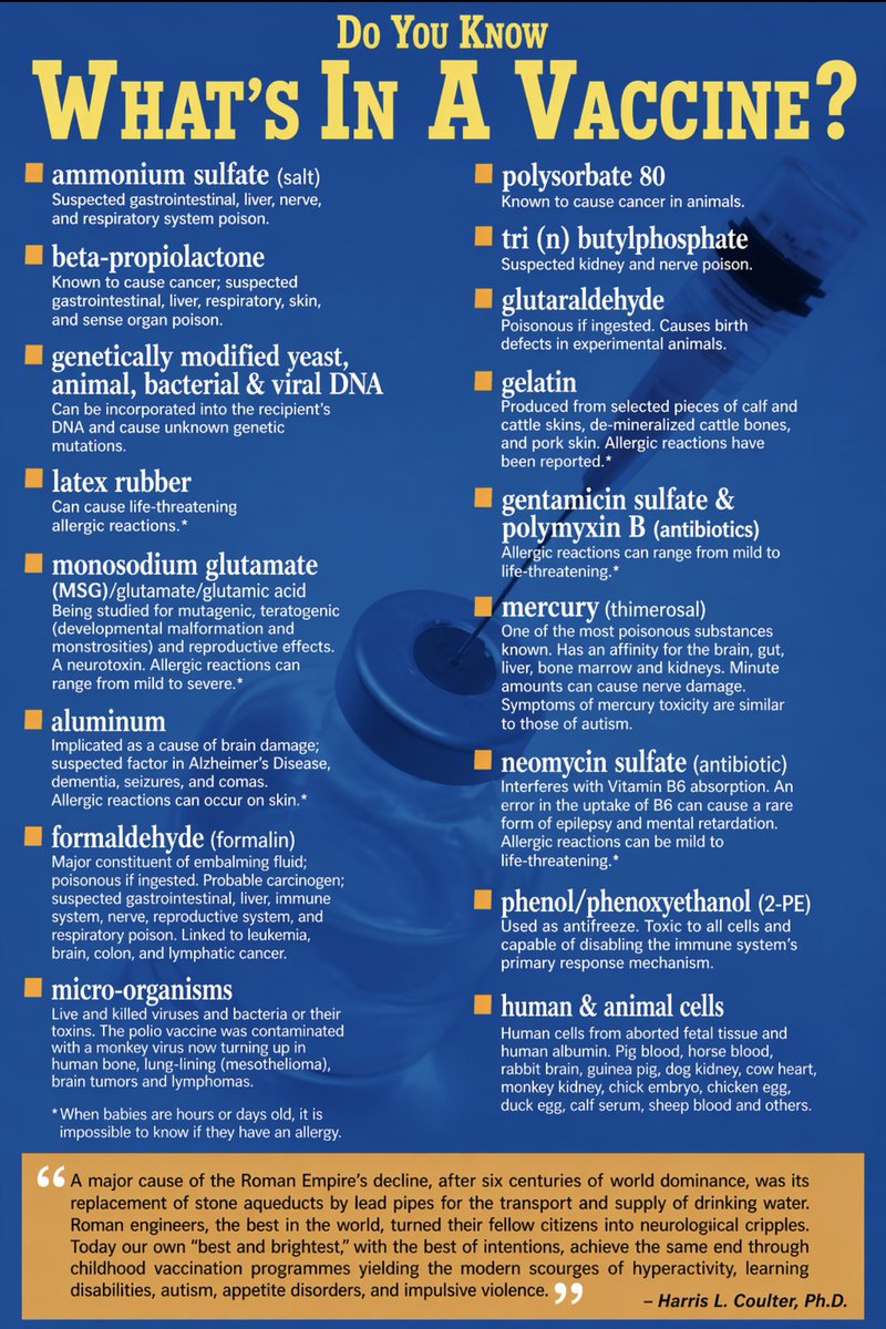 iluminatibot's tweet photo. Ever wonder what’s actually injected into babies and kids?

Here’s the list straight from the ingredients.

Some of these are known toxins, allergens, or things that can mess with the nervous system and immune response. https://t.co/9X0D7l8pFX