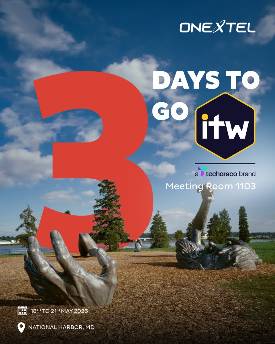 onextel_limited's tweet photo. 3 days to go for ITW USA 2026.

Looking forward to connecting with global leaders in telecom and technology.

If you’re at ITW, come meet us at:

📍  Meeting Room 1103

📅 National Harbor, MD | 18th – 21st May

#OneXtel #ITW2026 #Telecom https://t.co/822RUsQ64J