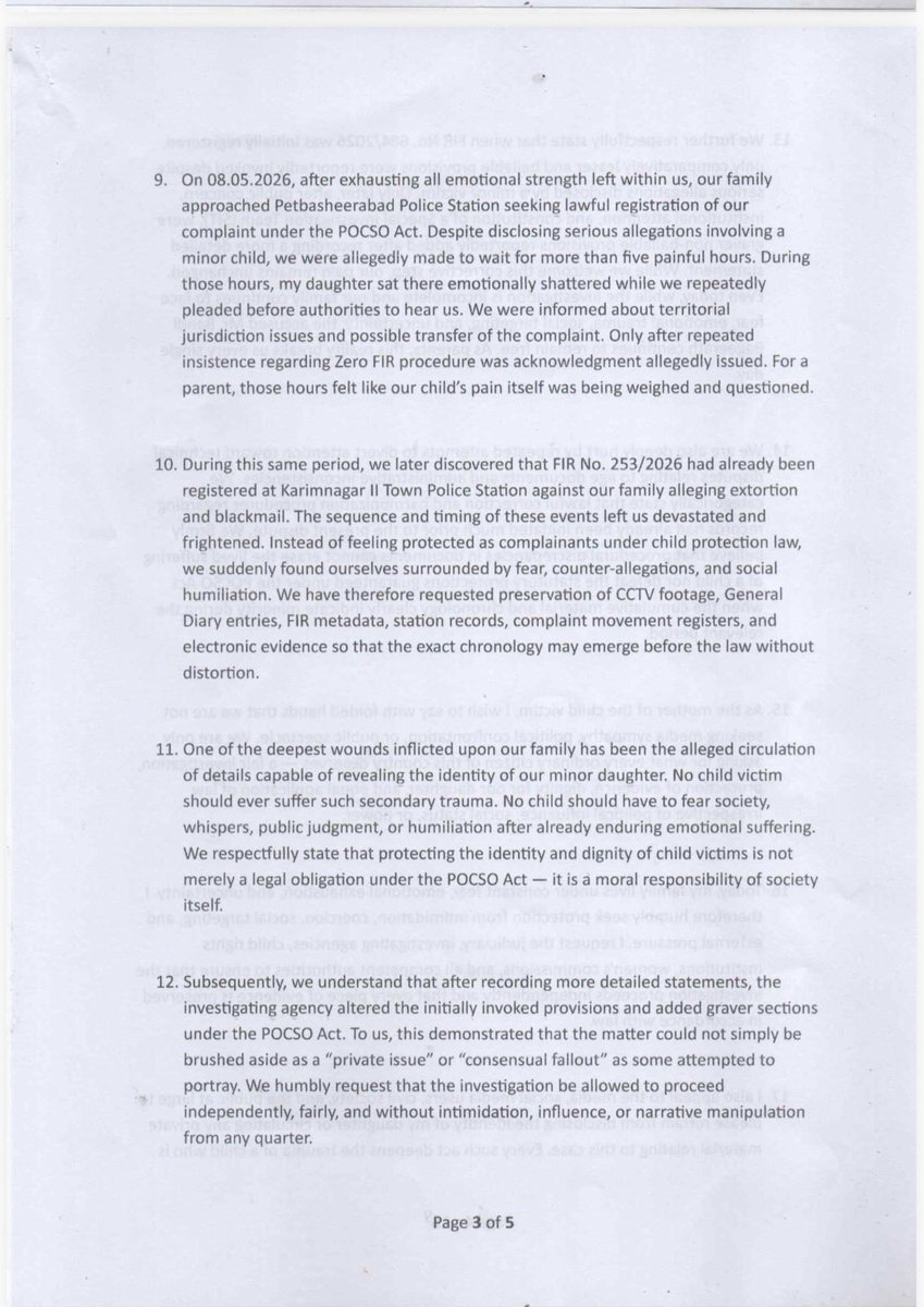 revathitweets's tweet photo. A week later, Bandi Bageerath is still absconding! 

Mother of Bandi Bageerath’s POCSO Victim decided to put out a Press Release today because “silence has become more painful than speaking”. 

Couple of very important points here 

- A former journalist Sangappa went to the victim’s house and convinced them for a meeting with Bandi Sanjay 

“Thereafter, on 23rd April 2026, we met Shri Bandi Sanjay Kumar, Hon'ble Minister of State for Home Affairs, Government of India, at his residence.”

Second- when they were at the Pet Basheerbad police station, they faced humiliation and troubled. Everything was altered. 

“Despite disclosing serious allegations involving a minor child, we were allegedly made to wait for more than five painful hours. During those hours, my daughter sat there emotionally shattered while we repeatedly pleaded before authorities to hear us. We were informed about territorial jurisdiction issues and possible transfer of the complaint. Only after repeated insistence regarding Zero FIR procedure was acknowledgment allegedly issued.

 During this same period, we later discovered that FIR No. 253/2026 had already been registered at Karimnagar I Town Police Station against our family alleging extortion and blackmail. The sequence and timing of these events left us devastated and frightened.

We have therefore requested preservation of CCTV footage, General Diary entries, FIR metadata, station records, complaint movement registers, and electronic evidence so that the exact chronology may emerge before the law without distortion.”

The letter is a painfully detailed account of a mother who decided to fight for the dignity of her ONLY daughter. A MINOR A VICTIM of an assault by Union Minister’s son Bandi Bageerath. 

As always, the perpetrator is walking free, certain sections of media is projecting him as a saint & victim, the victim’s character is assassinated, her videos & entire life is being distorted and circulated. 

A Congress CM who is also a father of a daughter decides to support his friend’s son. 

Bandi Bageerath may not spend a single day in jail.