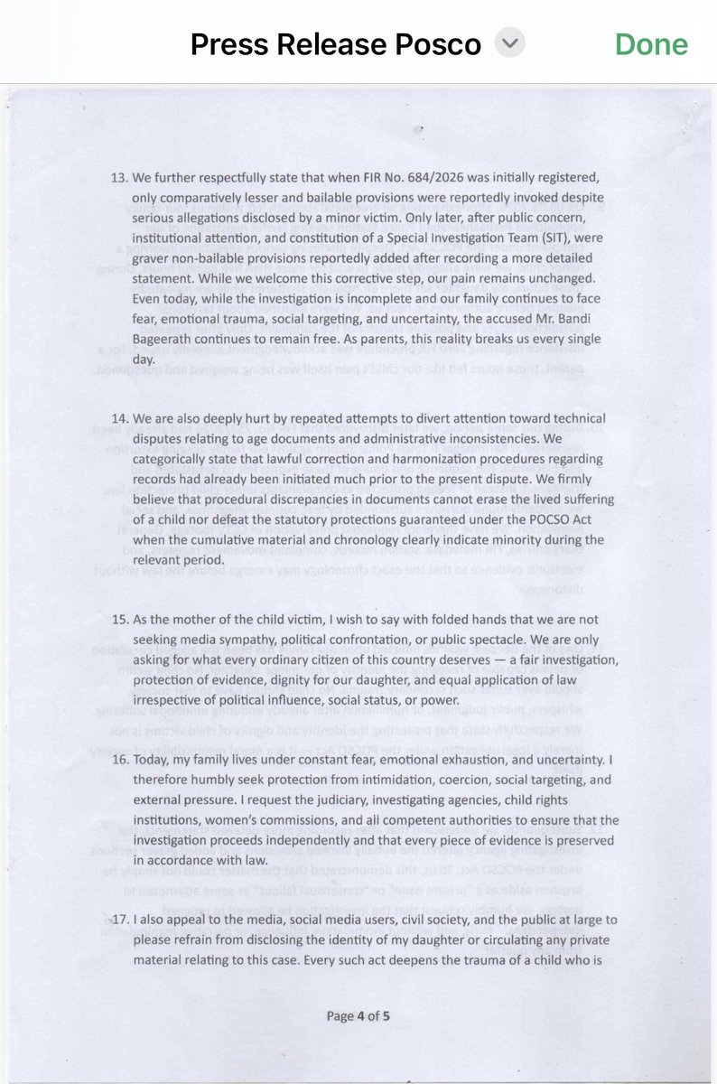revathitweets's tweet photo. A week later, Bandi Bageerath is still absconding! 

Mother of Bandi Bageerath’s POCSO Victim decided to put out a Press Release today because “silence has become more painful than speaking”. 

Couple of very important points here 

- A former journalist Sangappa went to the victim’s house and convinced them for a meeting with Bandi Sanjay 

“Thereafter, on 23rd April 2026, we met Shri Bandi Sanjay Kumar, Hon'ble Minister of State for Home Affairs, Government of India, at his residence.”

Second- when they were at the Pet Basheerbad police station, they faced humiliation and troubled. Everything was altered. 

“Despite disclosing serious allegations involving a minor child, we were allegedly made to wait for more than five painful hours. During those hours, my daughter sat there emotionally shattered while we repeatedly pleaded before authorities to hear us. We were informed about territorial jurisdiction issues and possible transfer of the complaint. Only after repeated insistence regarding Zero FIR procedure was acknowledgment allegedly issued.

 During this same period, we later discovered that FIR No. 253/2026 had already been registered at Karimnagar I Town Police Station against our family alleging extortion and blackmail. The sequence and timing of these events left us devastated and frightened.

We have therefore requested preservation of CCTV footage, General Diary entries, FIR metadata, station records, complaint movement registers, and electronic evidence so that the exact chronology may emerge before the law without distortion.”

The letter is a painfully detailed account of a mother who decided to fight for the dignity of her ONLY daughter. A MINOR A VICTIM of an assault by Union Minister’s son Bandi Bageerath. 

As always, the perpetrator is walking free, certain sections of media is projecting him as a saint & victim, the victim’s character is assassinated, her videos & entire life is being distorted and circulated. 

A Congress CM who is also a father of a daughter decides to support his friend’s son. 

Bandi Bageerath may not spend a single day in jail.