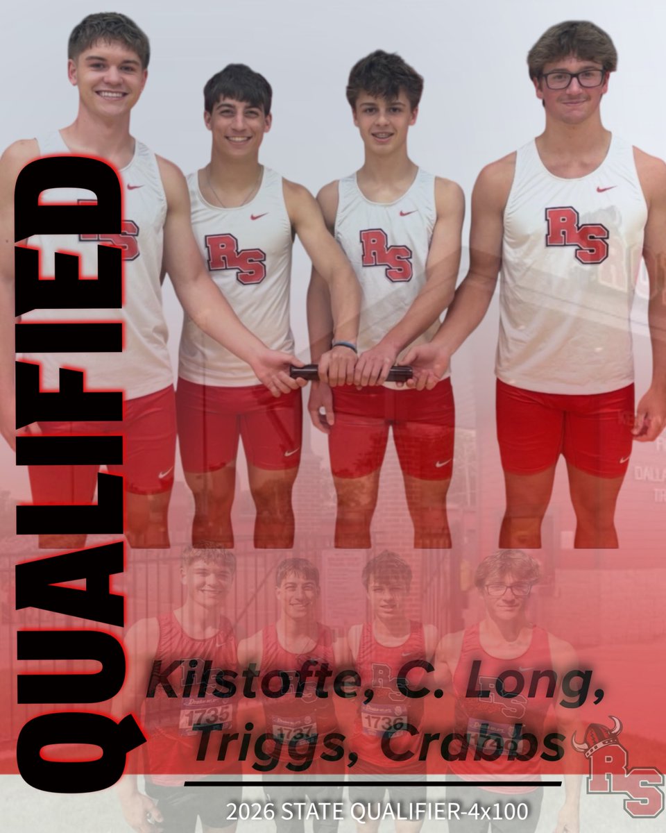 RSNorseScores's tweet photo. Congrats to Norsemen Cody Long, Tristen Crabbs, Cooper Triggs &amp; Brody Kilstofte on winning the 4x100 event in State Qualifier Meet to punch their ticket to the 2026 State Track Meet.

The sprinters automatically qualify with their first place finish in 4x100m Relay. 

#iahstrk https://t.co/K6Oxm00dQ9