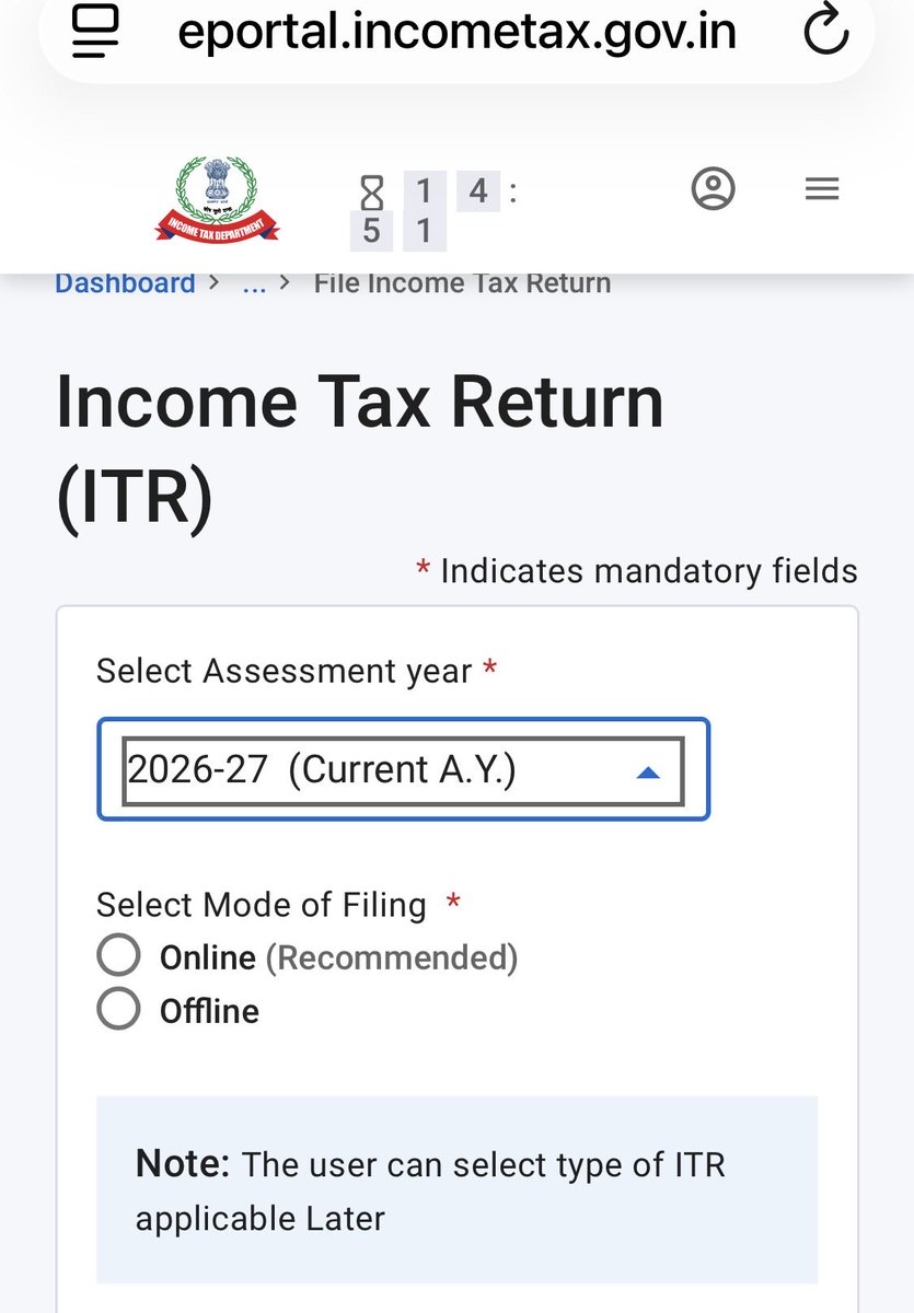 Ca_Bhab's tweet photo. ITR-1&amp;4 is now available 
for filing
#itr #incometax #AY2627 https://t.co/ElW8ClIuS7