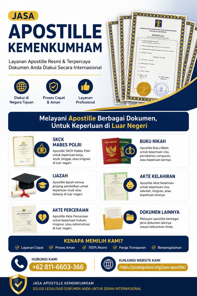 Apostile_Jkt's tweet photo. Jasa Apostille Melayani Apostille Buku Nikah , Apostille Ijazah &amp; Transkrip , Apostille Akte Kelahiran +62 811-6603-366

https://t.co/yW705UCZiu

#JasaApostille 
#ApostilleKemenkumham 
#apostille
#apostilleservice
#ApostilleIjazah 
#ApostilleBukuNikah 
#JasaLegalisasi https://t.co/437FiRUYhk