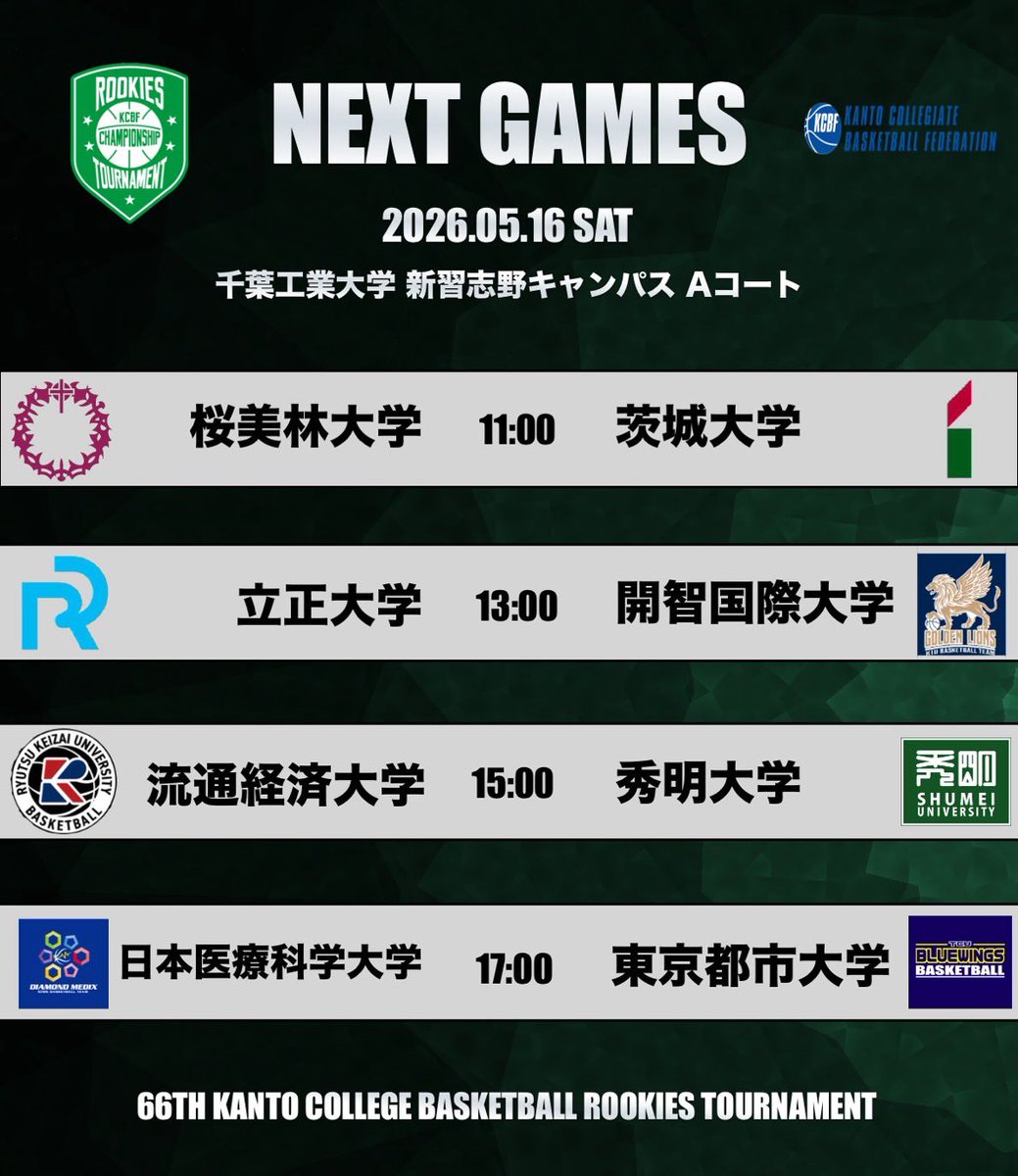 KCBBF_90's tweet photo. #ルーキーズトーナメント🍀

🔥NEXT GAMES🔥
📍千葉工業大学 新習志野キャンパス
📅5月16日（土） 予選

大会ページはこちら✔️
https://t.co/ZPsG01tQ6s

#大学バスケ
#KCBF https://t.co/sSfMO5VpMQ