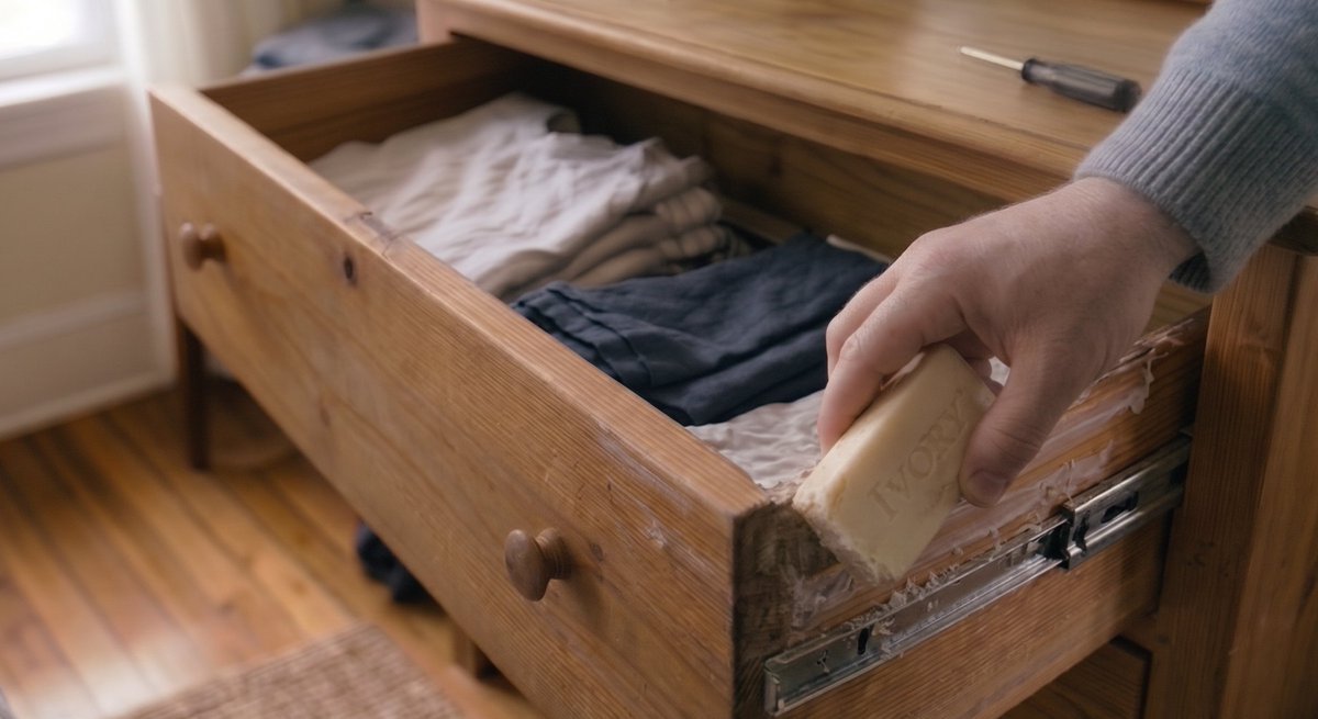 PropCheckr's tweet photo. Sticky wooden drawers? 🪵 

Rub an old bar of dry soap along the tracks. It acts as a dry lubricant so your drawers glide without that annoying wood-on-wood screech.

#HomeHacks #PropertyChecker #DIYTips https://t.co/lVRNis1nXW