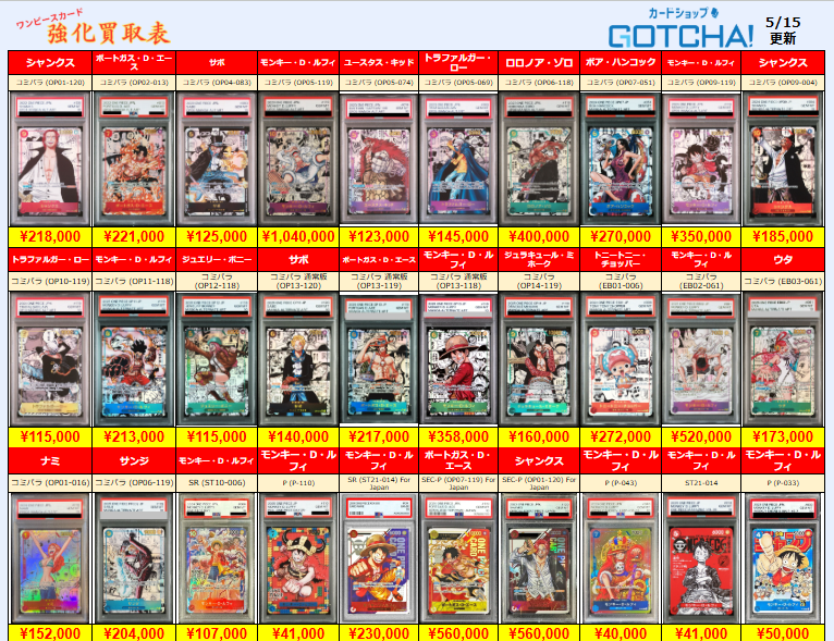 5/15更新 🚢ワンピースカードゲーム🌊 🏴‍☠️【PSA10 強化買取表