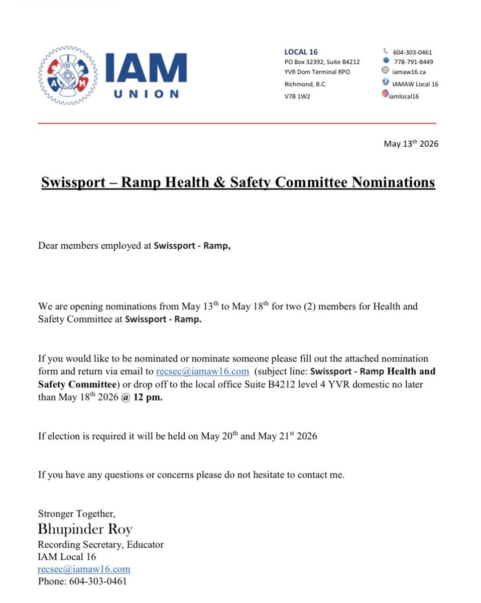 iamll16's tweet photo. Swissport – Ramp Health &amp; Safety Committee Nominations https://t.co/8NRtK7ncOG #IAM #union #swissport #L16 #D140 #labour https://t.co/CbLxs8095B