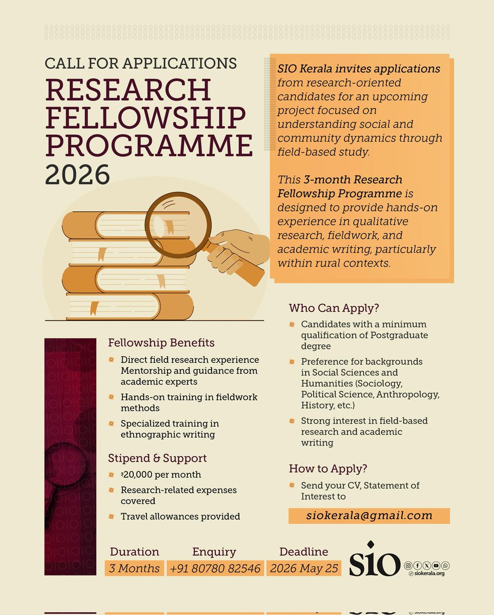 siokerala's tweet photo. CALL FOR APPLICATIONS
RESEARCH FELLOWSHIP PROGRAMME 2026

Send your:

CV
Statement of Interest

📧 siokerala@gmail.com

📞 Enquiry: 8078082546 https://t.co/slIPmyXvT5