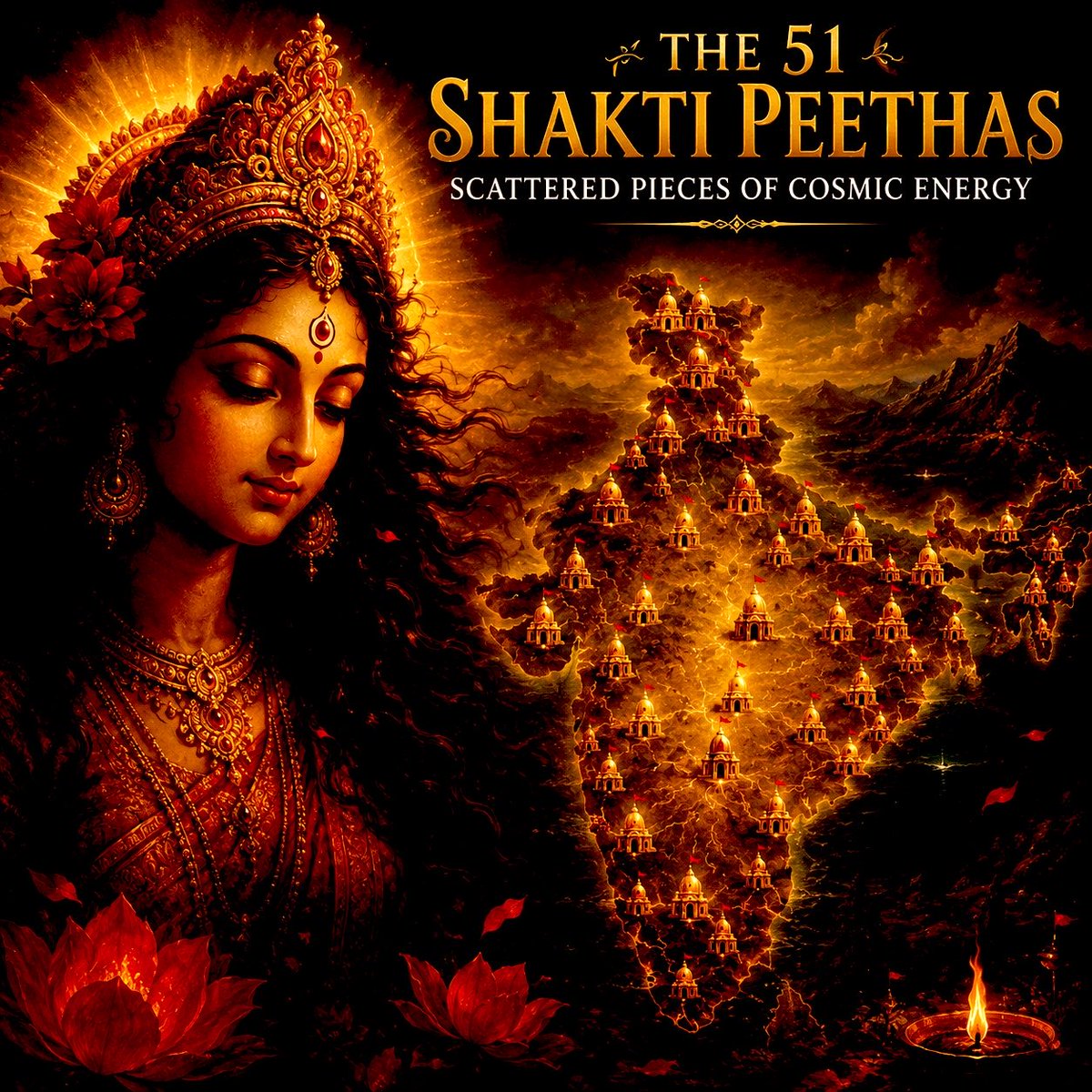 Sumita327's tweet photo. The 51 Shakti Peethas are not just temples scattered across Bharat - 
They are sacred centers of Devi’s cosmic energy,  forming a divine spiritual map that has guided seekers for centuries…🔥

But how did these powerful Peethas emerge? And why is each one believed to carry a unique form of Shakti? 

Read this 2-minute thread…!👇 It’s not mythology,  it’s the story of how the Divine Mother transformed the land itself into a living spiritual journey…