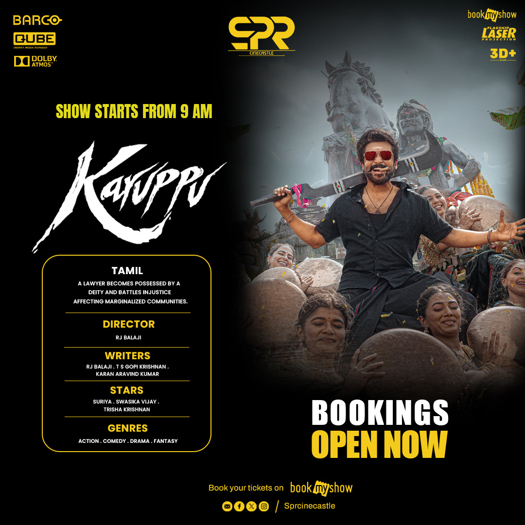 SPRcinecastle's tweet photo. ⚔️🔥 Karuppan Varaan… Vazhi Maraikadey! 💥
Celebration starts from 9 AM at SPR CINECASTLE 🎬🍿
Get ready for whistles, screams & mass moments! 🖤🔥
#Karuppu #KaruppuFDFS #SPRcinecastle #MassCelebration #TamilCinema #BookingOpenNow #TheatreVibes #FDFS #MovieCelebration #Kollywood 🔥