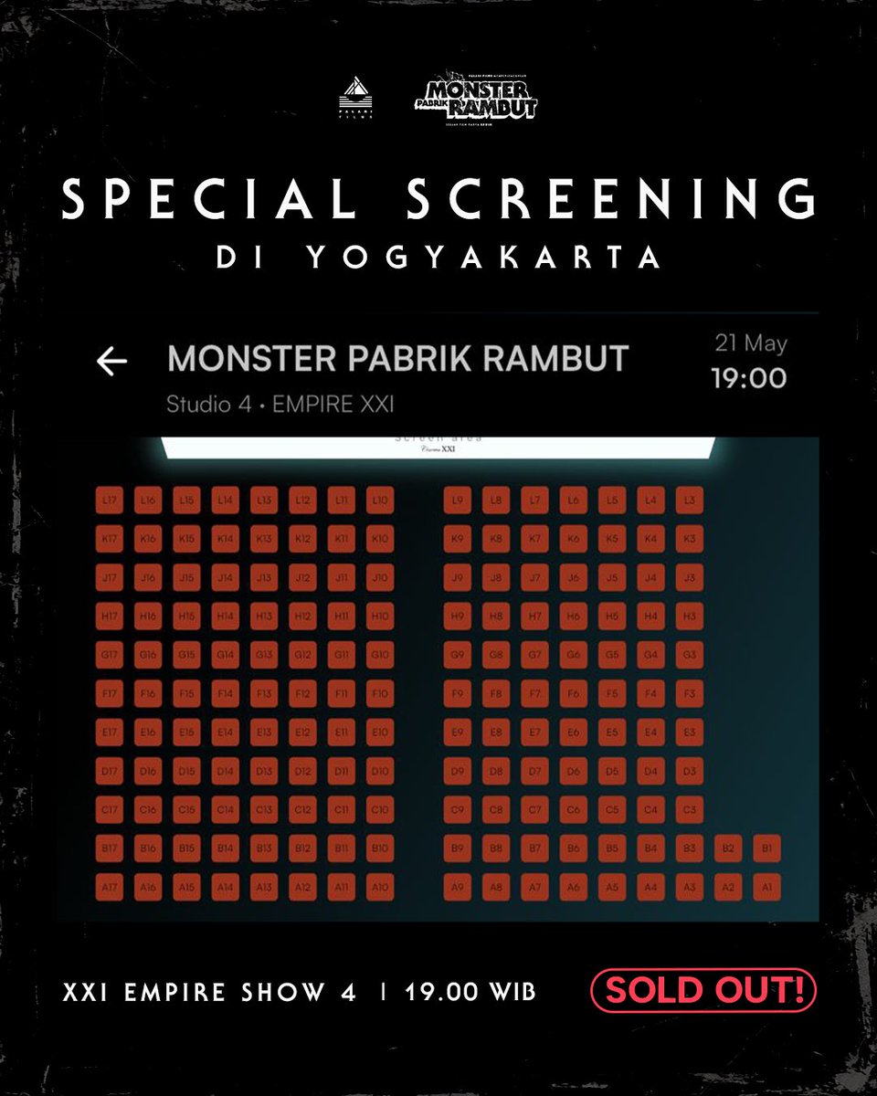 PalariFilms's tweet photo. Terima kasih, Yogyakarta!

Tiket Special Screening Monster Pabrik Rambut di Empire XXI Jogja sudah habis terjual. Masih ada kesempatan buat kamu nonton special screening-nya di Jogja City Mall XXI. Yuk ramaikan!

Sampai jumpa tanggal 21 Mei 2026 di Jogja! 👋🏼

#MonsterPabrikRambut https://t.co/iYMOpuZqvH