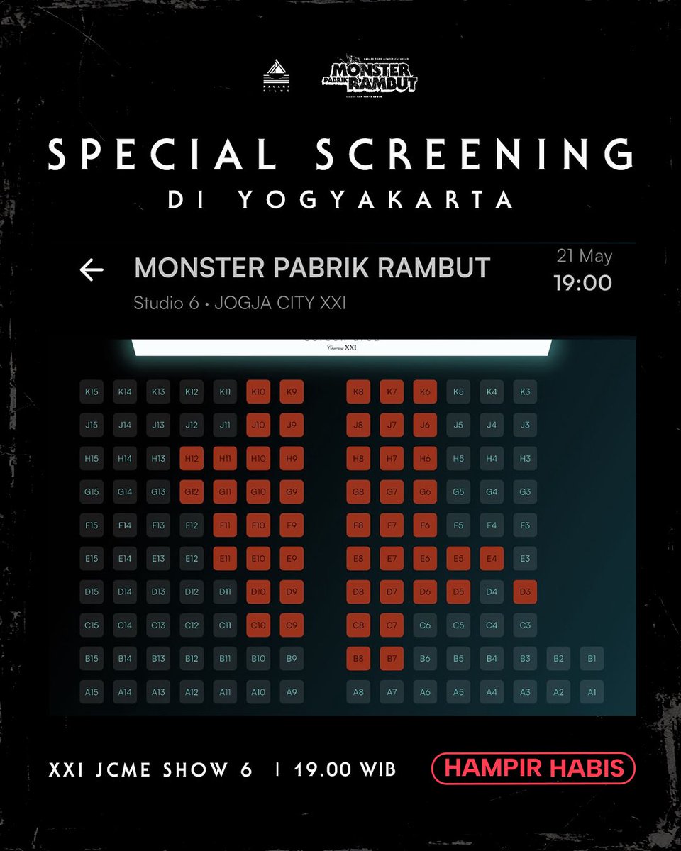 PalariFilms's tweet photo. Terima kasih, Yogyakarta!

Tiket Special Screening Monster Pabrik Rambut di Empire XXI Jogja sudah habis terjual. Masih ada kesempatan buat kamu nonton special screening-nya di Jogja City Mall XXI. Yuk ramaikan!

Sampai jumpa tanggal 21 Mei 2026 di Jogja! 👋🏼

#MonsterPabrikRambut https://t.co/iYMOpuZqvH