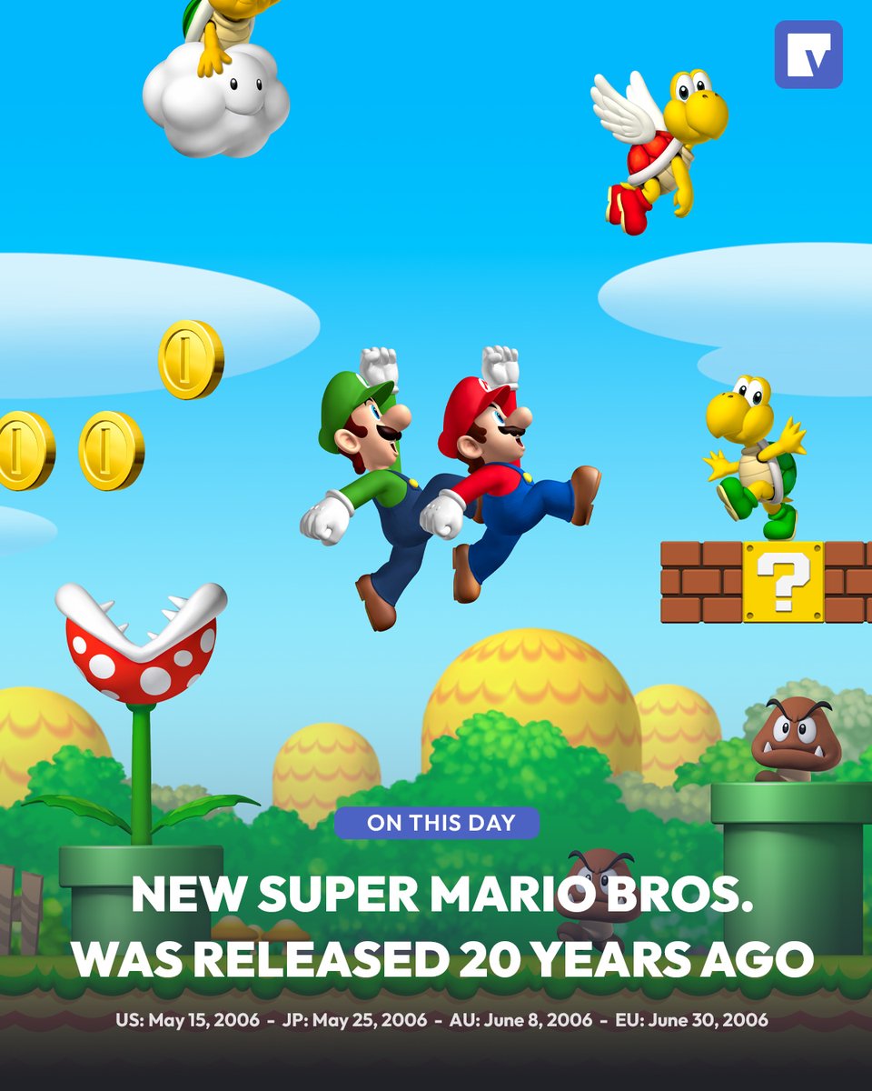 vooksdotnet's tweet photo. On this day 20 years ago (in the US), New Super Mario Bros. was released for the Nintendo DS and had a staggered launch across other regions. It would be followed up with NSMB Wii, Bros. 2 and Bros. U (as well as New Super Luigi U, and a Deluxe version on Switch). https://t.co/iHvlzjKp1w