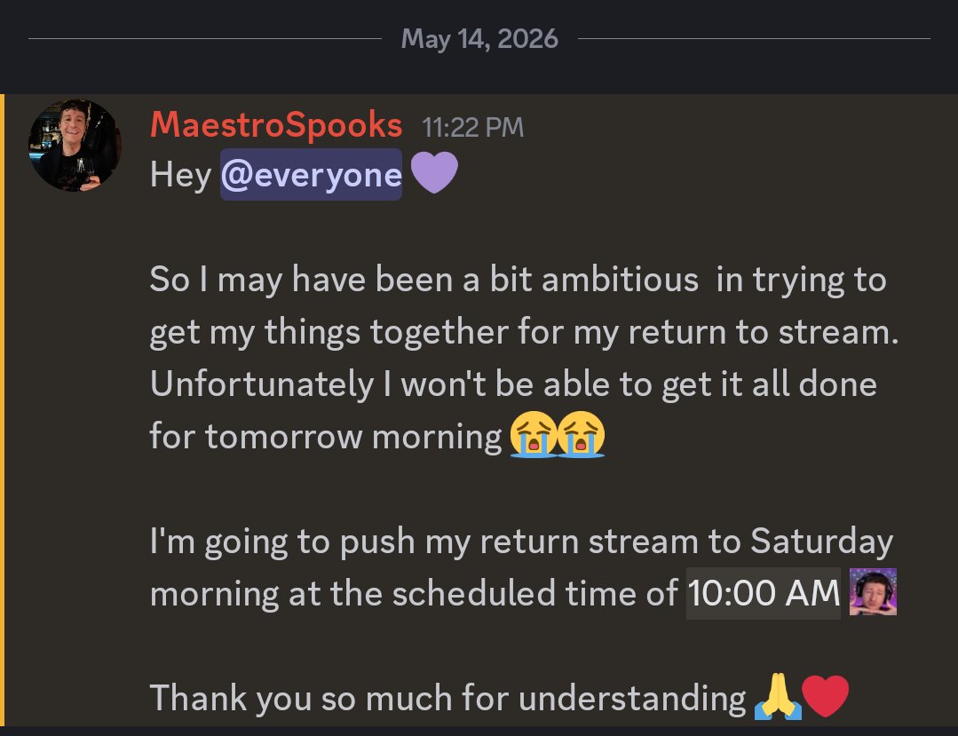 MaestroSpooks's tweet photo. Sadly, I must push my return stream to Saturday morning instead of tomorrow (Friday) 😭

Thank you for understanding and I hope to see you on Saturday at 10AM ET 🙏💜

https://t.co/iHC7cGodfG https://t.co/UCQyzXKmez
