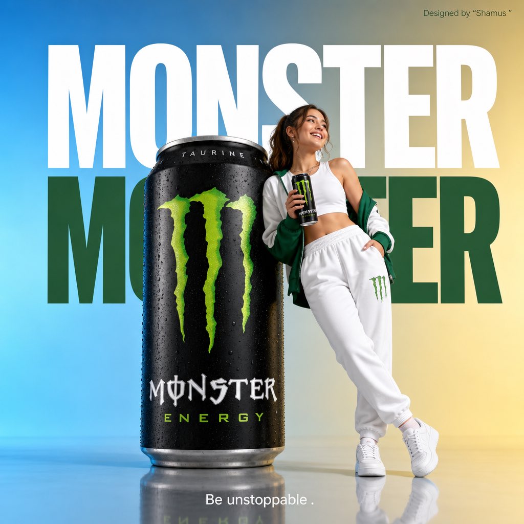 im_shahid7's tweet photo. Be unstoppable 
Made with GPT ON @SocialSight 
Prompt :

Minimalist commercial ad featuring oversized Monester Energy Drink can, ultra-clean design. A young woman in all-white and forest green outfit leans casually against the giant can, relaxed confident pose, eyes in excitement , also holding the same monester can in her hand. Soft gradient blue and yellow background with large bold white AND GREEN “MONSTER ” text behind. Glossy reflective floor, soft studio lighting, modern high-end product photography. Small top-right text “Designed by “Shamus ”. Bottom center tagline in small white font: “Be unstoppable .”