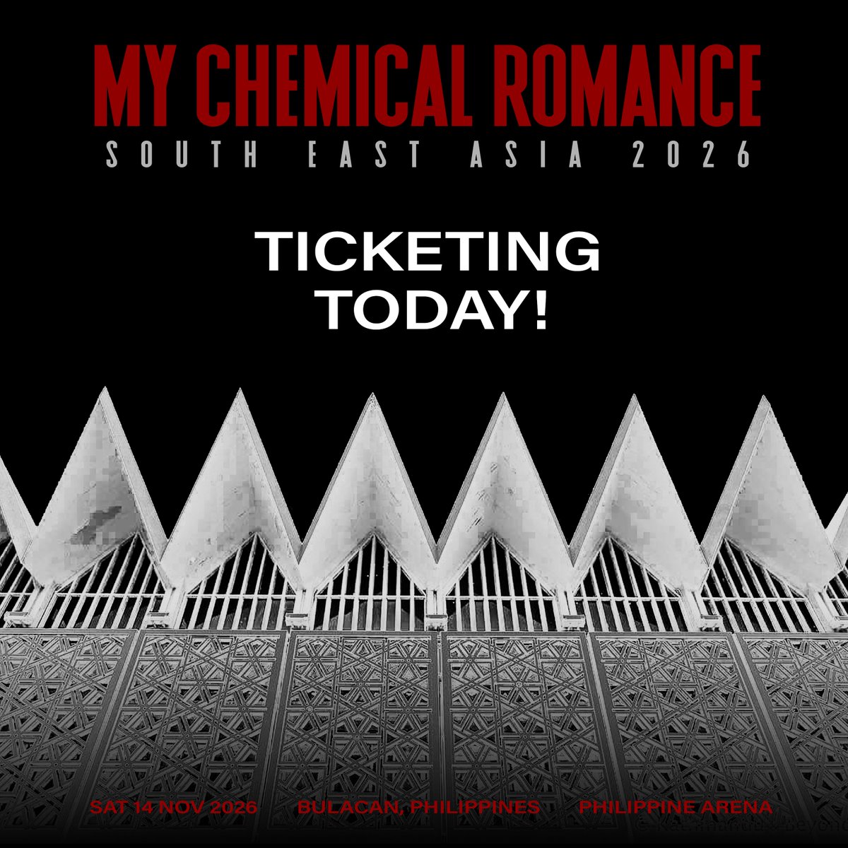 pulpliveworld's tweet photo. You’ll be okay now, MCR fans! 🖤

Tickets for the MY CHEMICAL ROMANCE SOUTH EAST ASIA 2026 TOUR IN BULACAN are now officially available for purchase at https://t.co/bnKiYbrglw 🤘

Secure your tickets now and lock in your place for November 14 at the Philippine Arena. 👋

We’ll see you there. This will truly be one for the books. 🔥

#MyChemicalRomanceinPH2026 @MCRofficial @pulptickets