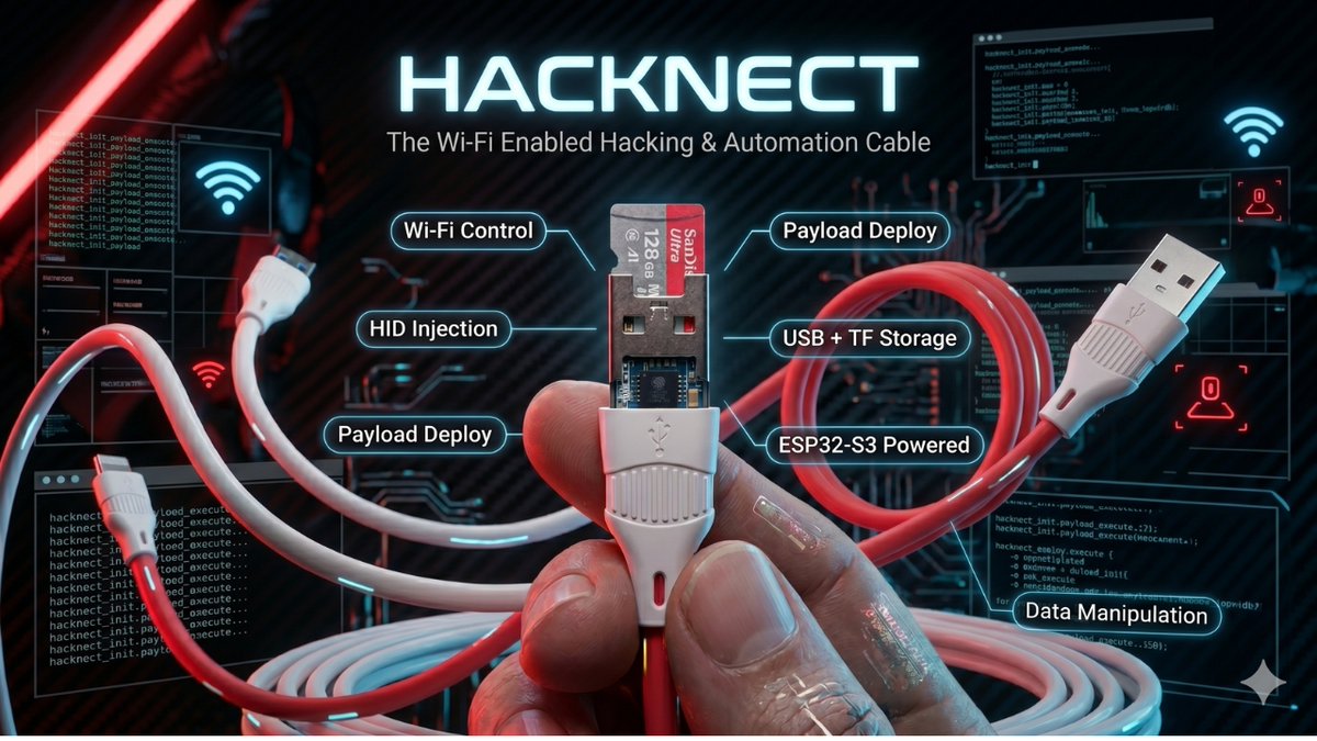 hacktheboard's tweet photo. Hacknect — The Wi-Fi Enabled Hacking &amp; Automation Cable powered by ESP32-S3.
📶 Wi-Fi Control
💾 Hidden TF/SD Card Slot
🌐 Browser-Based Dashboard
⌨️ Payload Deployment
Looks like a normal USB cable… but it’s much more.

Now LIVE on Kickstarter - https://t.co/KPXmGH8QDI https://t.co/MN5lE9Xphh