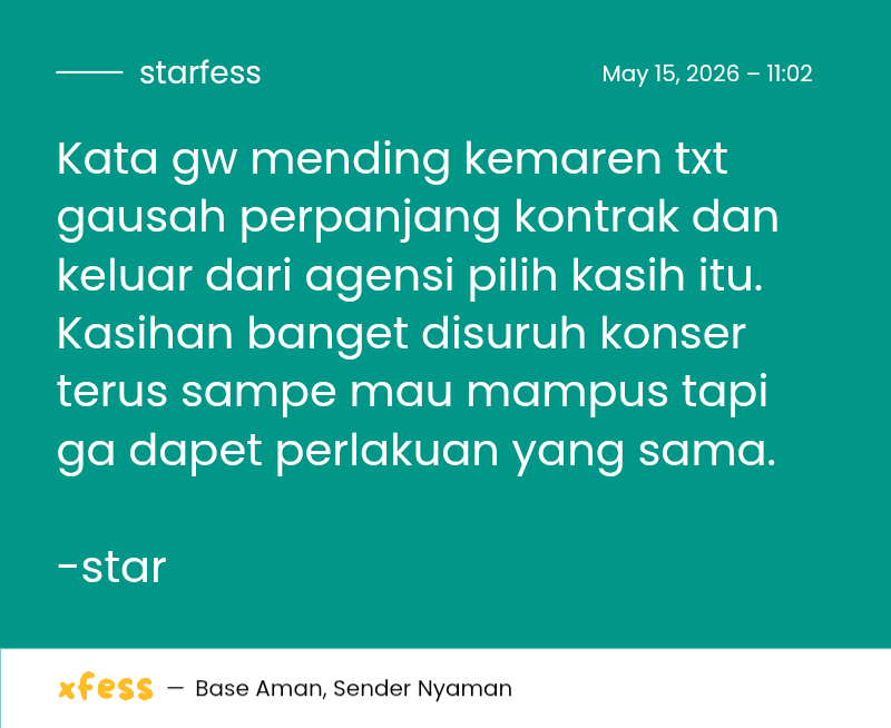 starfess's tweet photo. Kata gw mending kemaren txt gausah perpanjang kontrak dan keluar dari agensi pilih kasih itu.
Kasihan banget disuruh konser terus sampe mau mampus tapi ga dapet perlakuan yang sama.

-star https://t.co/7fdErdUoyi