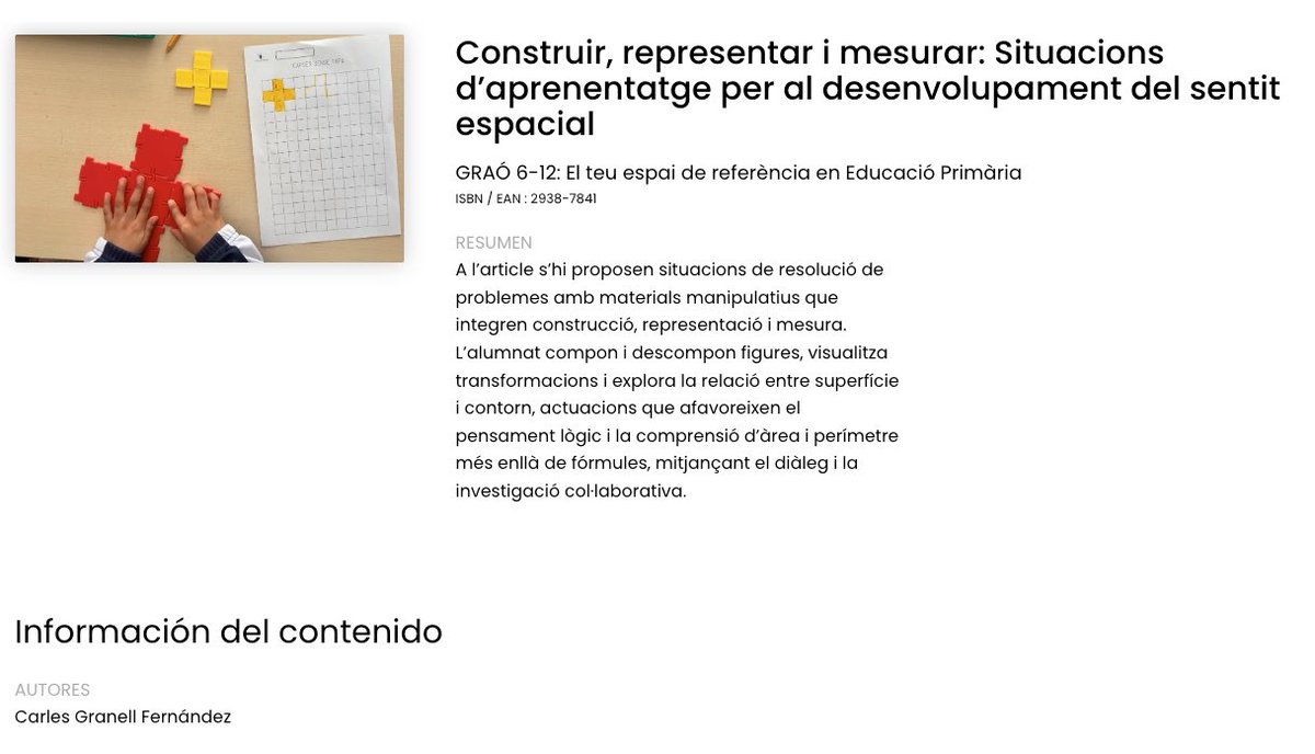 CarlesGranell4's tweet photo. “Construir, representar i mesurar: Situacions d’aprenentatge per al desenvolupament del sentit espacial” publicat a la Revista GRAÓ 6-12

🎯 Situacions de construcció, representació i mesura en un ambient de resolució de problemes

🔗 Article a https://t.co/lEYPq5CAvp https://t.co/dxNXyPd3TW