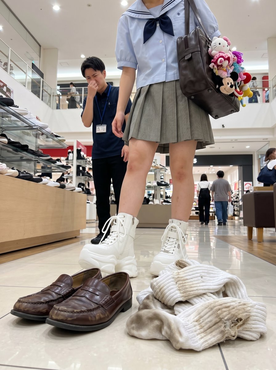 LoosesocksGirl's tweet photo. 白いブーツ可愛いね、でも、ちょっと店員さんに気を���ってあげないと・・・。
#学生生活 #ファッションスナップ #SFW https://t.co/c7lgm9bgF0