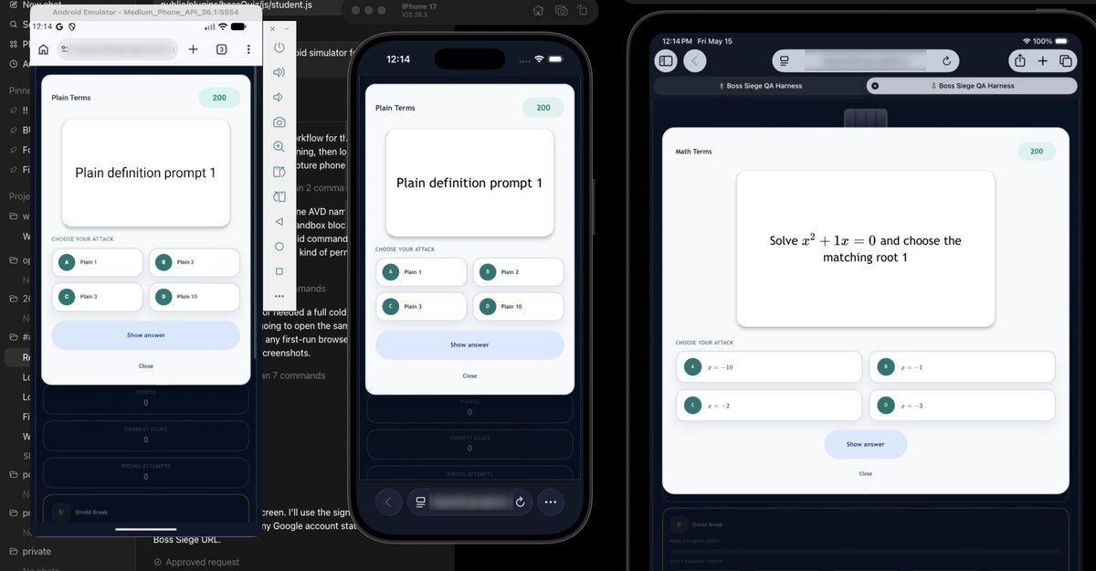 boon_jin's tweet photo. Just realized Codex can run tests directly on Android Emulator and iOS Simulator. Much better than relying on in-app browser viewport resizing. @OpenAI https://t.co/IqsDUs8pCG
