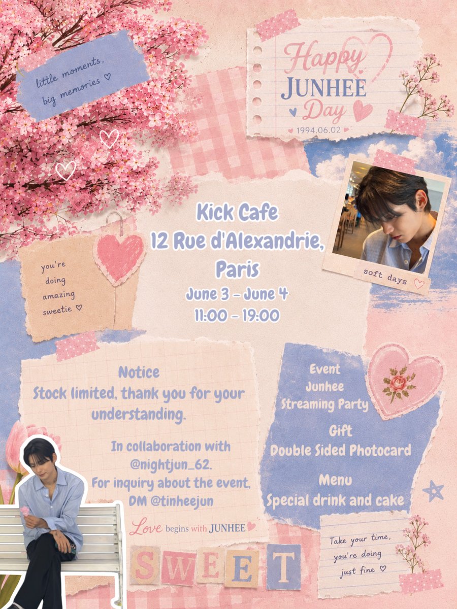 tinheejun's tweet photo. Happy JUNHEE Day 🤍🌸

₊˚⊹ ♡ Love begins with JUNHEE  ♡₊˚⊹

🗓️ 06.03 — 06.04
📍 KICK Cafe, PARIS 🇫🇷

@official_junhee
#박준희 #준희 #JUNHEE https://t.co/yp0dbkJpnf