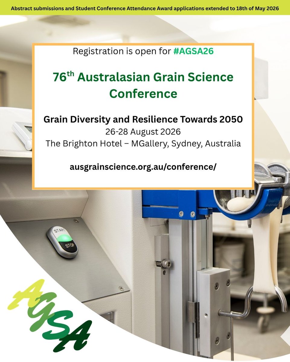 ausgrainscience's tweet photo. Abstract submissions and Student Conference Attendance Award applications for #AGSA26 have been extended to 18 May 2026!

Register early to take advantage of Early Bird discounts.

Go to: https://t.co/XUEGQWABZm https://t.co/14cp8GD7wM