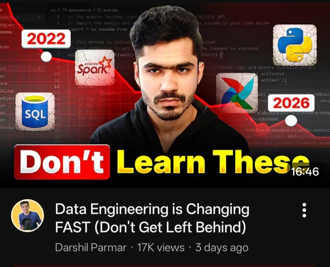 thedatavidhya's tweet photo. > Two Data Engineers.
Same experience. Same resume.

- One gets interview calls every week. The other can’t even clear the first round.

The difference?

→ One adapted to the 2026 Data Engineering stack
→ The other is still following the old playbook

In this video I talked about:

→ Why ETL is slowly getting replaced by ELT
→ Why DBT is everywhere now
→ Why Lakehouse architecture matters
→ Why learning 50 tools is useless without fundamentals
→ How AI is changing Data Engineering workflows
→ The one skill most Data Engineers still lack

And no, it’s not coding.