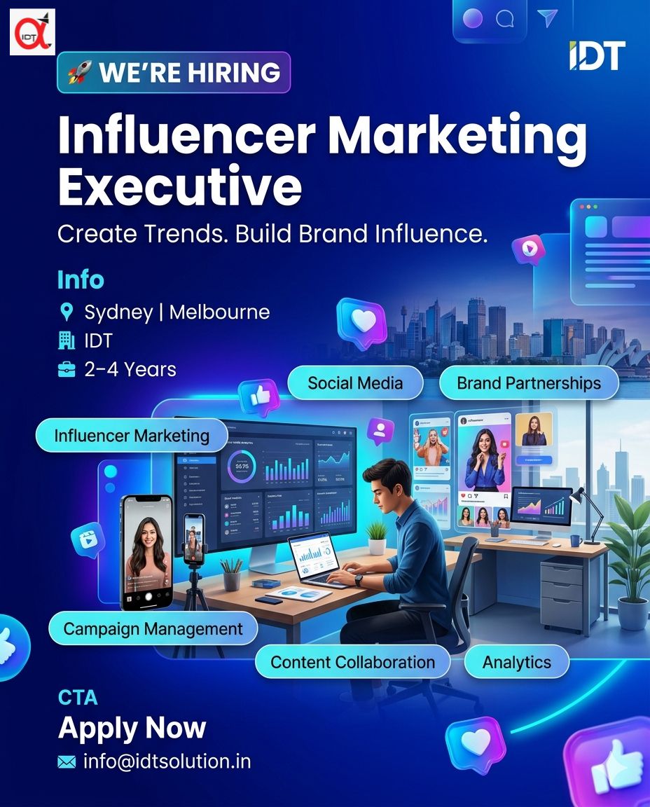 DhasIdt97753's tweet photo. 🚀 We’re Hiring: Influencer Marketing Executive

🏢 Company: IDT Solutions

📍 Location: Sydney | Melbourne (Onsite)
⏰ Employment Type: Full-time

👨‍💼 Experience: 2–4 Years

📩 Apply Now: info@idtsolution.in
#InfluencerMarketing #DigitalMarketing #SocialMediaMarketing https://t.co/0HgX6daLsD