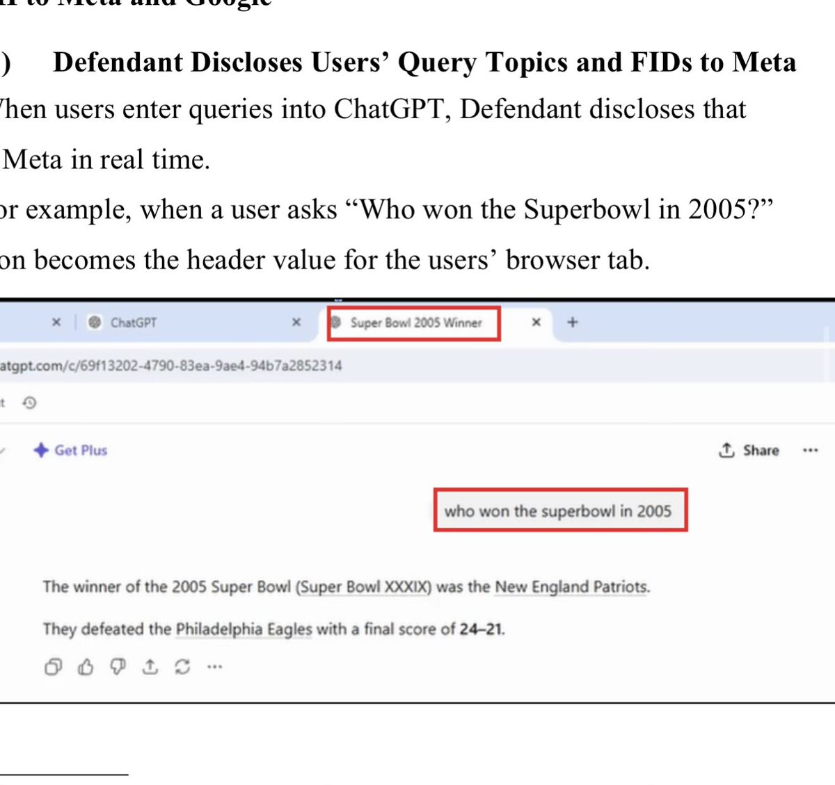 cjcallison's tweet photo. Ehhh misleading - this isn’t OpenAI “selling your chats to Meta/Google.”

It’s a standard class-action pixel suit: ChatGPT updates the browser tab title with a short desc, the Facebook/Google pixels fire, and they get the same metadata your browser was already displaying. No transcript dumps.

These firms spam old wiretap laws at any site with a dynamic <title> tag hoping for a quick settlement. V simple eng solve. 

Grift law imo.