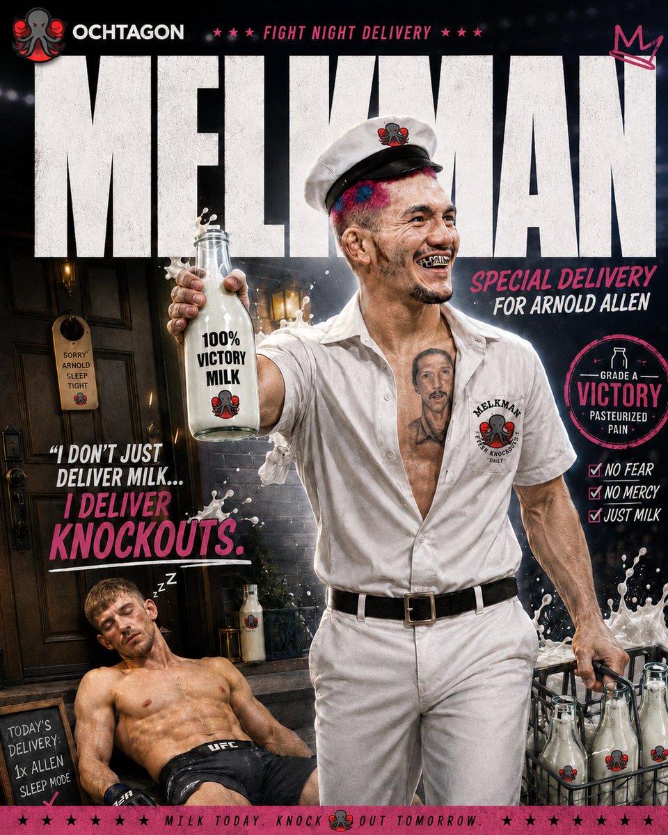 Ochtagon's tweet photo. We ran 50,000 simulations for Allen vs Costa.

And somehow the same thing kept happening:

the Melkman showed up.

According to our model, Melquizael Costa wins 60.3% of the time, with Costa by Decision (31.2%) as the most likely delivery.

Arnold Allen might want to leave the porch light off.
Because when the Melkman is on route, somebody is getting tucked in.

Special delivery for Arnold Allen.
🥛 100% victory milk
📦 60.3% chance it arrives on time
😴 side effects may include an unexpected nap

Don't believe us? Prove us wrong.

Make your picks at https://t.co/pHKPDprTtm