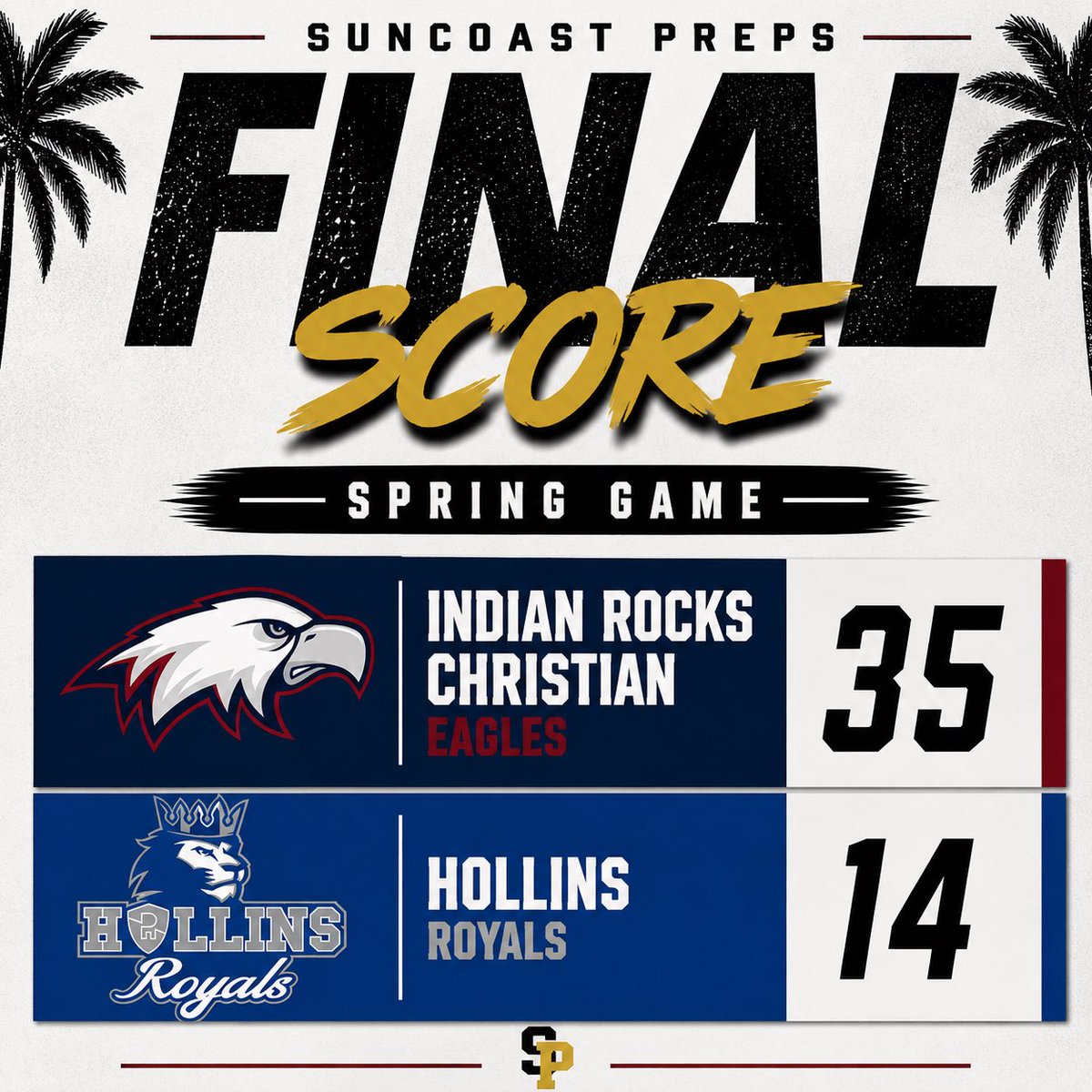 SuncoastPreps's tweet photo. FINAL | SPRING GAME

Indian Rocks Christian 35
Hollins 14 https://t.co/kFVImmcC8Y