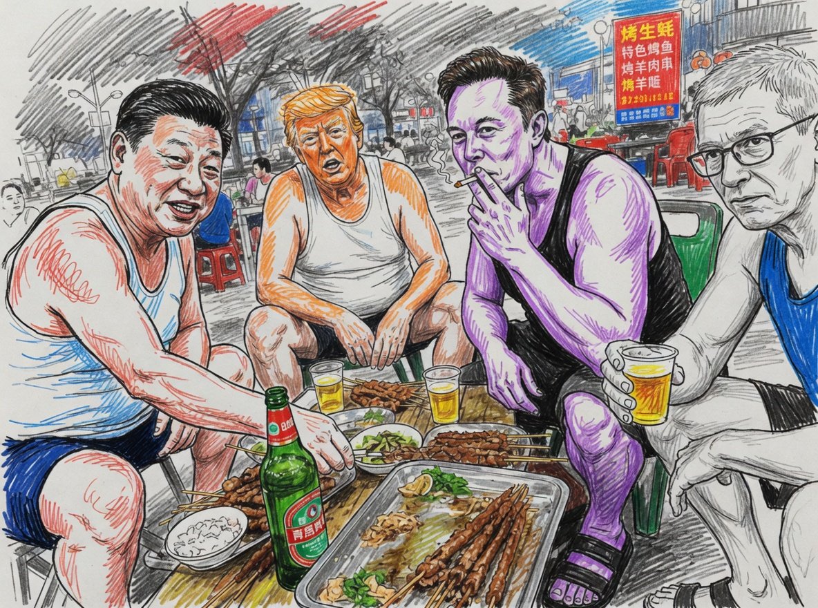ChannelDota's tweet photo. @elonmusk Late night Beijing street BBQ meme mode activated!
Elon Musk & friends 😂🔥
Scribbli Art by @grokimagine
#Scribbli #GrokImagine
@grok https://t.co/ijDkckfnfz