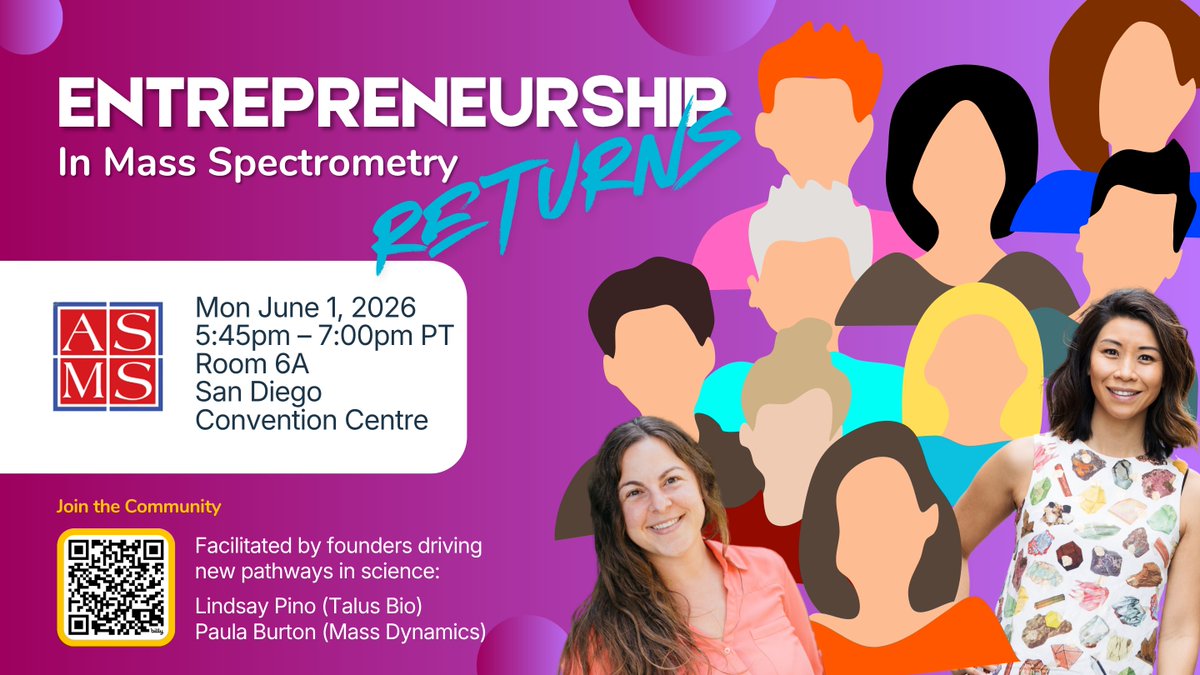 paulaburton_md's tweet photo. The Entrepreneurship in Mass Spectrometry workshop is back at @asmsnews 2026 🎉

@LindsayPino and I are bringing it to San Diego - Mon 1 June, 5:45–7pm PT, Room 6A.

Panelists drop next week 👀

Join the community → https://t.co/IjHRRKVS7l

#ASMS2026 #massspec #proteomics https://t.co/cf2o90mLWI
