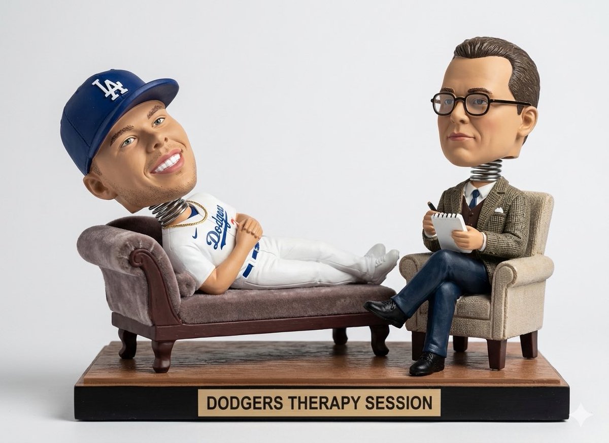 ashubert's tweet photo. Dalton Rushing Psychotherapy Bobblehead should be a promotion next week at @Dodgers Stadium. #MLB #Dodgers #Giants https://t.co/ooxGEjTSlt