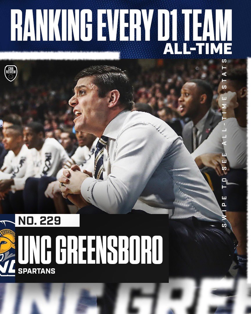 CbbReview's tweet photo. UNC Greensboro is next in our rankings at No. 229!

The program has had some great coaches - Fran McCaffery actually didn’t do too well, before doing a much better job at Siena.

But Wes Miller wound up finishing with five straight 20-win seasons and 2 NCAA Tournament bids.

The Spartans have been wildly consistent too - before last year they had 9 straight winning seasons. Jerod Haase comes into a good situation now hoping to make it better.