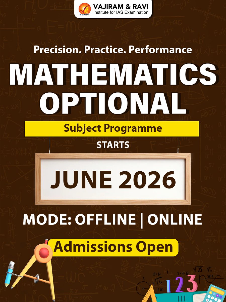 VajiramRavi's tweet photo. 📐 Mathematics Optional  — Admissions Open!
Build conceptual clarity, strengthen problem-solving skills and master answer-writing 
To know more: https://t.co/lKGL0ELMpc

#MathematicsOptional #UPSCOptional #UPSC2026 #MathsOptional #UPSCPreparation #OptionalSubject #CivilServices https://t.co/Yqz7wx6Htb