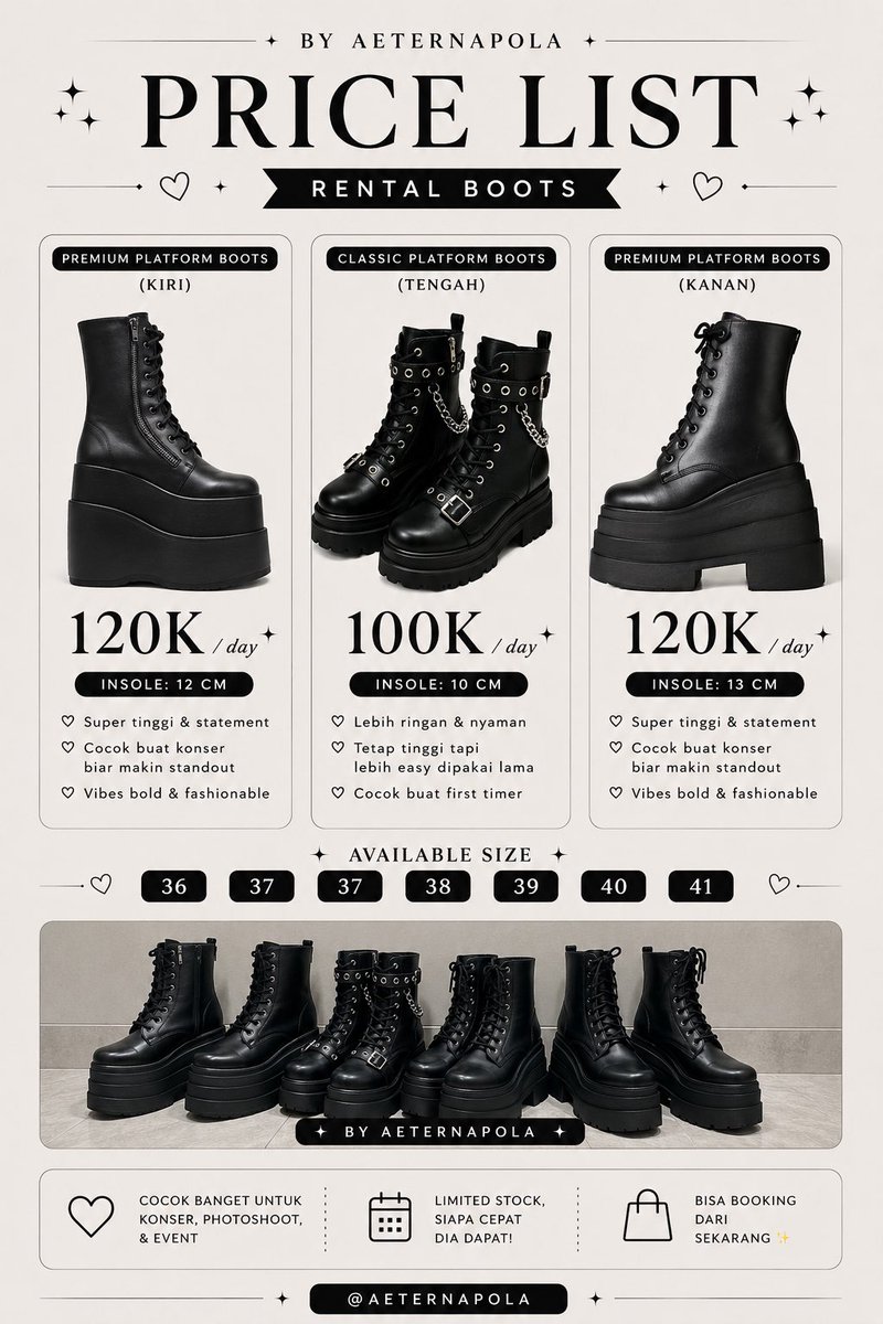 aeterna_pola's tweet photo. WTR , Want To Rent Sepatu Boots Konser
— size: 36,37 dan 37 new,38,39,40,41 
— heels/tinggi: 11-13 cm
💰: 100K &amp; 120K/day (exclude deposit)
Bisa cod venue atau gosend

Avail for: (OOR,F4,Java Jazz Festival,Comifuro,dll)
T&amp;C DM me

#wtr #zonauang #zonaBU #wts #boots #zonajajan https://t.co/iXzl4UIsRf
