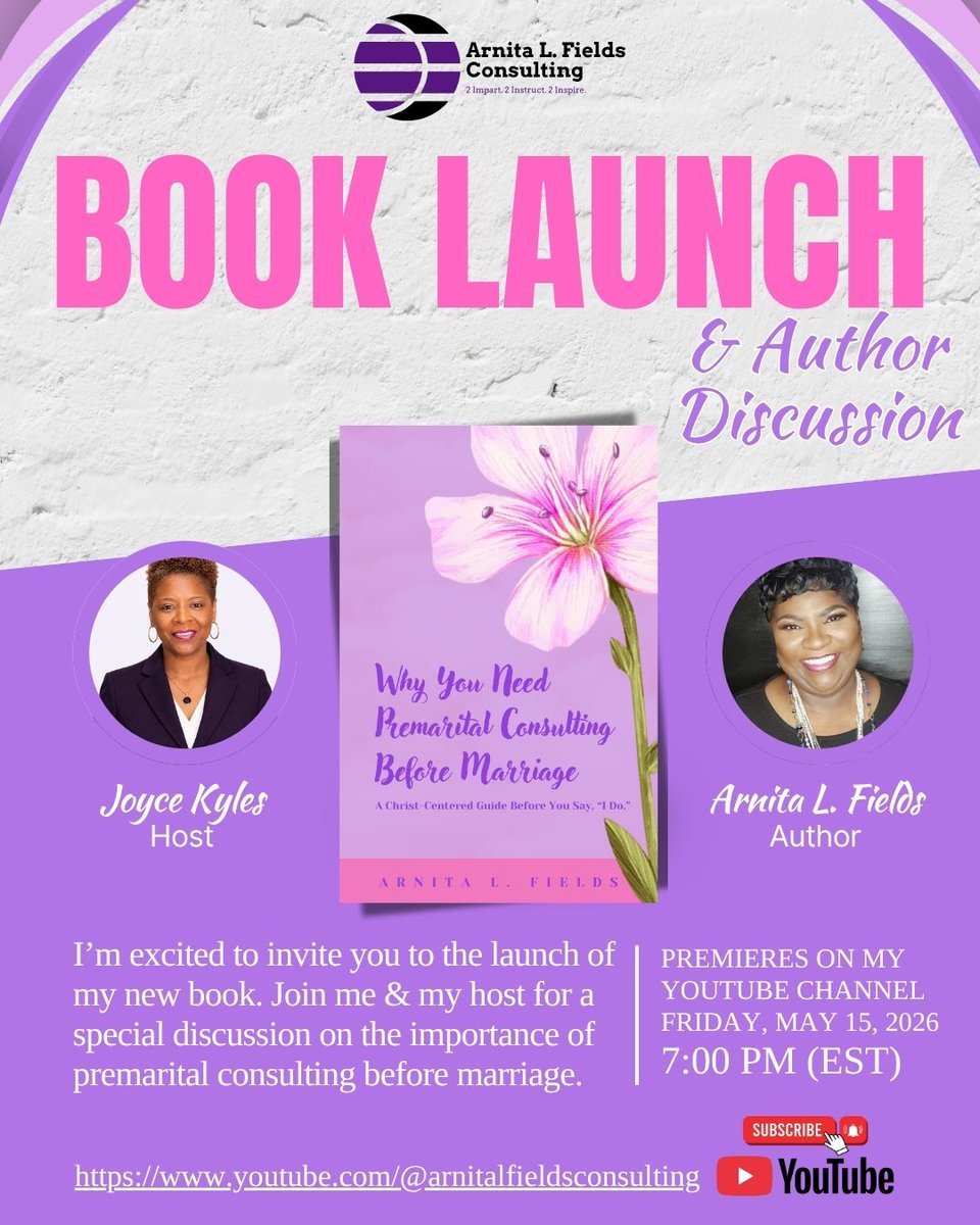 arnitafields's tweet photo. It's a HAPPY PUB DAY for my new book "Why You Need Premarital Consulting Before Marriage - A Christ-Centered Guide Before You Say, "I Do."  

Visit Amazon &amp; join me this evening @ 7:00 PM (EST), on YouTube for a special discussion on marriage.

Amazon 
https://t.co/OCjPH6BjZ0 https://t.co/fi24vlilXj
