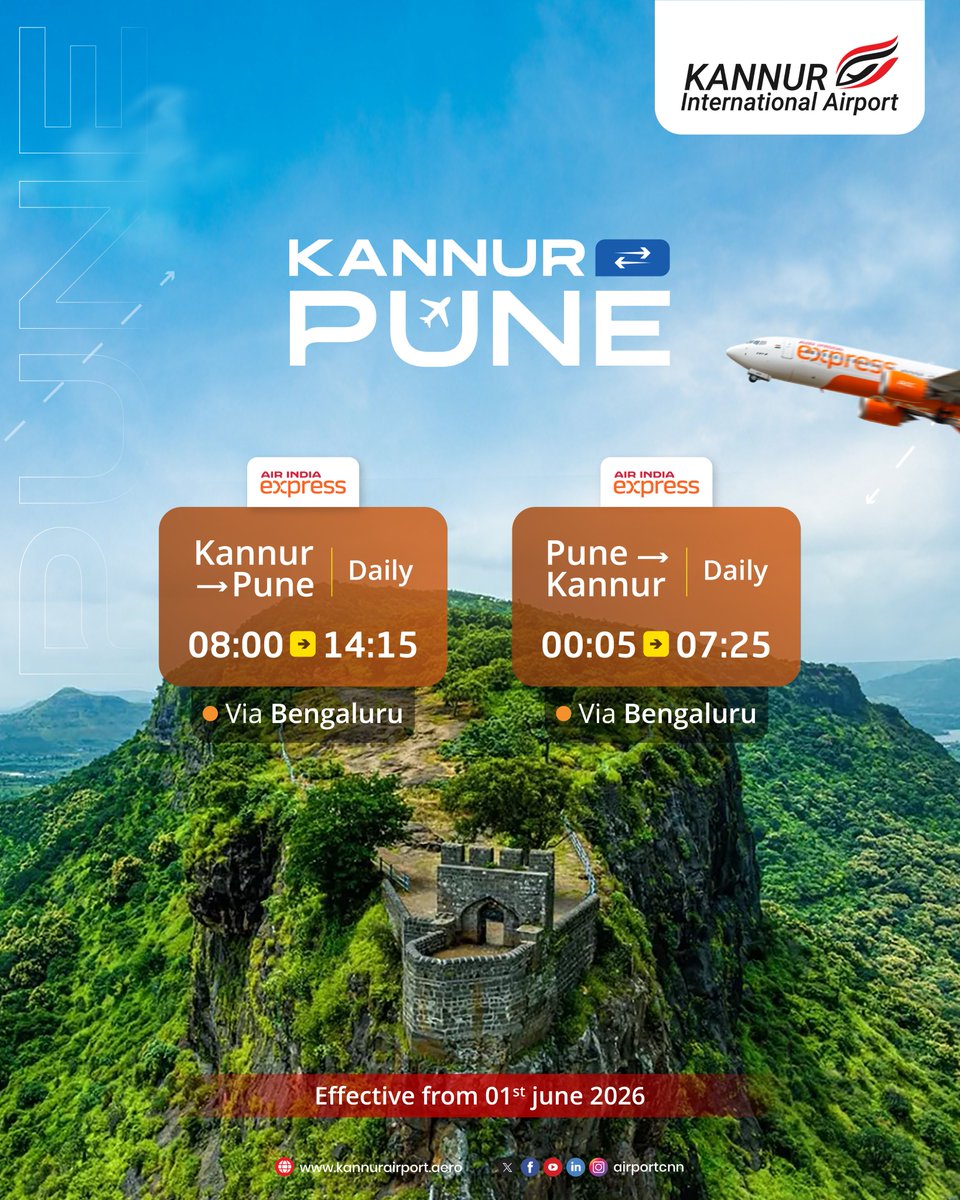 airportCNN's tweet photo. Pune is now closer than ever!
Fly daily from Kannur to Pune via Bengaluru with seamless connectivity and comfort.
Starting from June 01, 2026.

#kannurinternationalairport #KannurToPune #PuneFlights #KannurAirport #AirIndiaExpress #TravelEasy #DailyFlights https://t.co/u41APqPOG5