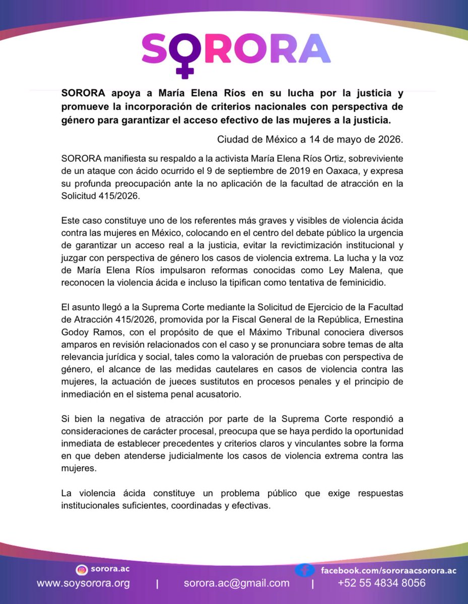 SororaAC's tweet photo. Desde @SororaAC apoyamos a @_ElenaRios, saxofonista, activista social y sobreviviente de violencia ácida. Con coraje y valor alzó la voz, por ella y por quienes no pudieron, dando a conocer su caso impulsó la #LeyMalena en todo el país.

#JuntasPorLaIgualdad
#SoySorora https://t.co/r1fLVnmO8K