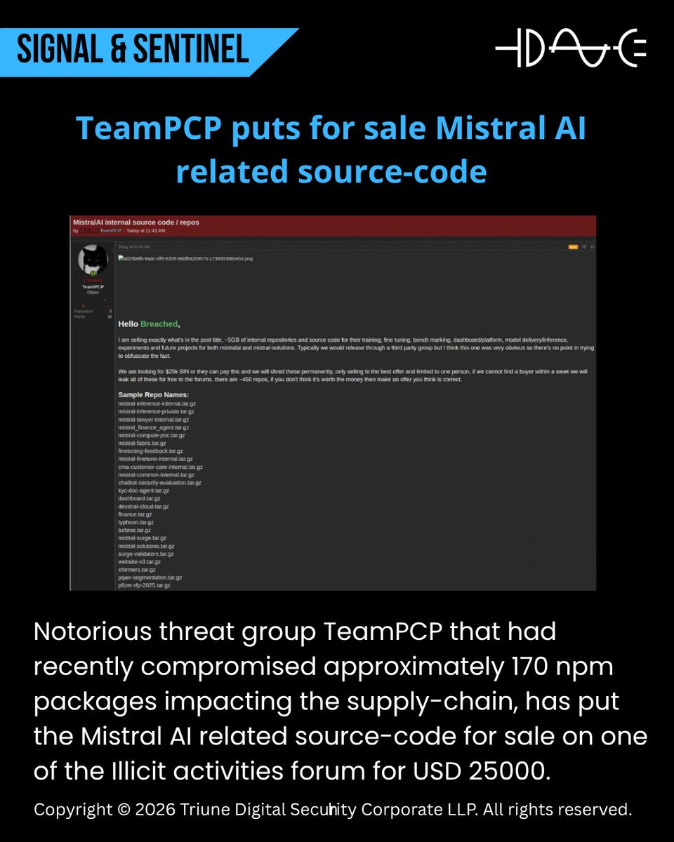 triunedigisec's tweet photo. TeamPCP puts Mistral AI related source-code for sale on one of the illicit activities forum, for USD 25K.

#supplychainattack #cybersecurity #AI https://t.co/ayGcZ4EISl