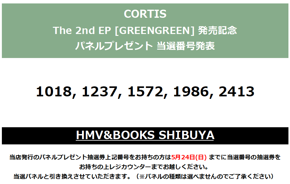 CORTIS】 The 2nd EP [GREENGREEN]発売記念 パネルプレゼント 当選番号