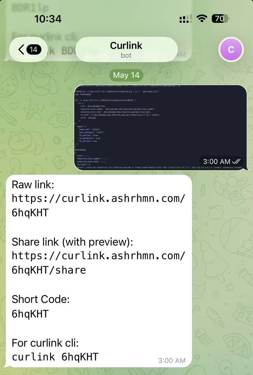 ashrhmn7's tweet photo. I have one big machine with headless linux and all the development happens on that machine while my macbook, iPad, phone works as a thin client to ssh into it and do the work. 

Then built this telegram bot where I can send image/files/CSVs and the bot returns temporary public url to that file and I paste that link over ssh and all agents can easily fetch that into context and use it.

In case of apple devices, siri shortcuts uses the same service and it is more frictionless to share from share sheet and the url is copied automatically. Would recommend the flow 10/10.
