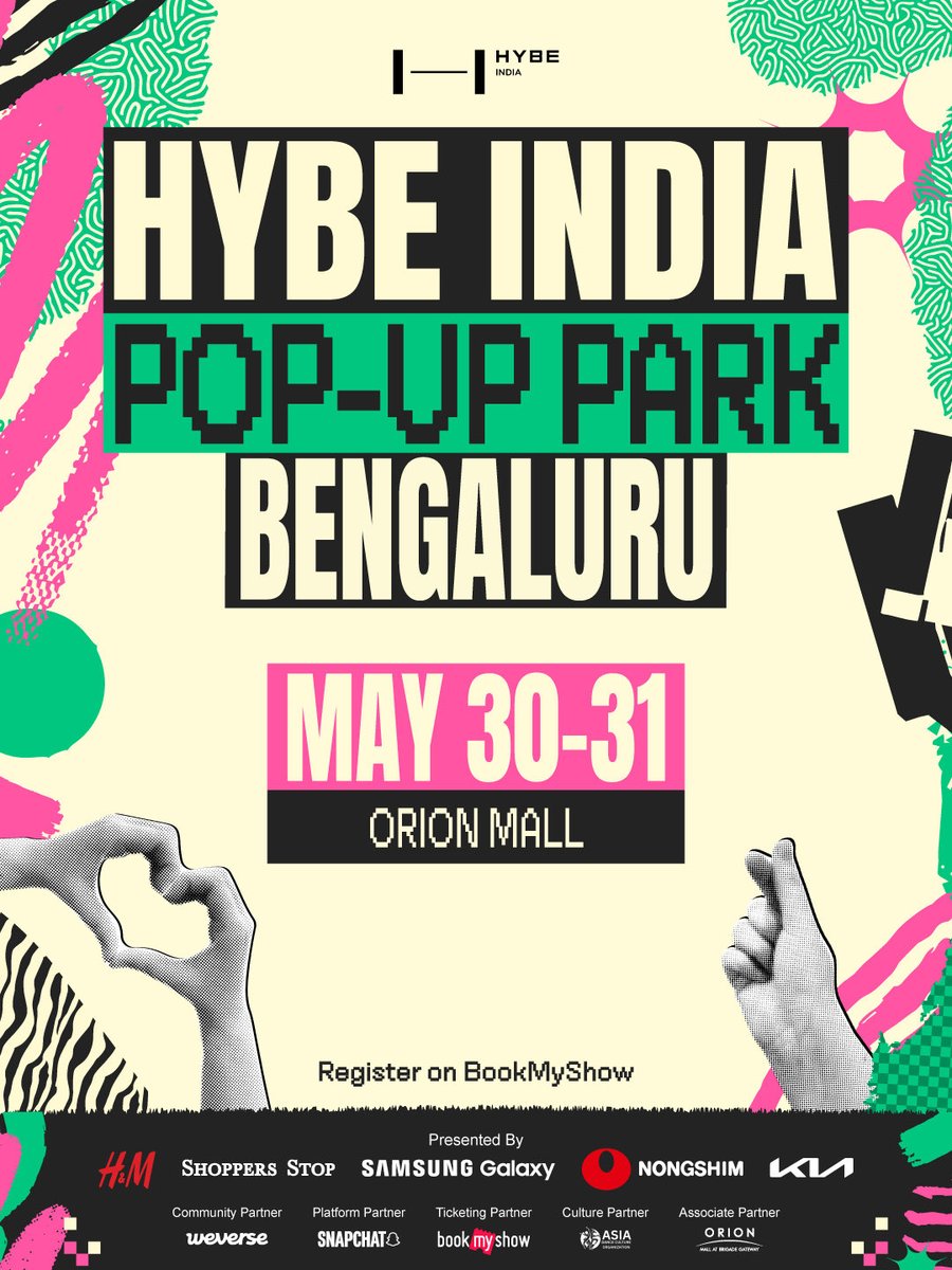 HYBE_INDIA's tweet photo. BENGALURU, step into the HYBE universe.

The HYBE INDIA Pop-Up Park is coming to your city—where music, fandom, and culture meet. ✨

• May 30-31 | 4 PM onwards
• Orion Mall - Outdoor Venue

From Random Play Dance to exclusive giveaways and fan experiences—this is where the community comes alive.

Registrations go live on BookMyShow today at 3PM

Bring your people. Be part of the moment. 💫

#HYBEINDIA #HYBEIndiaPopUpPark #Bengaluru