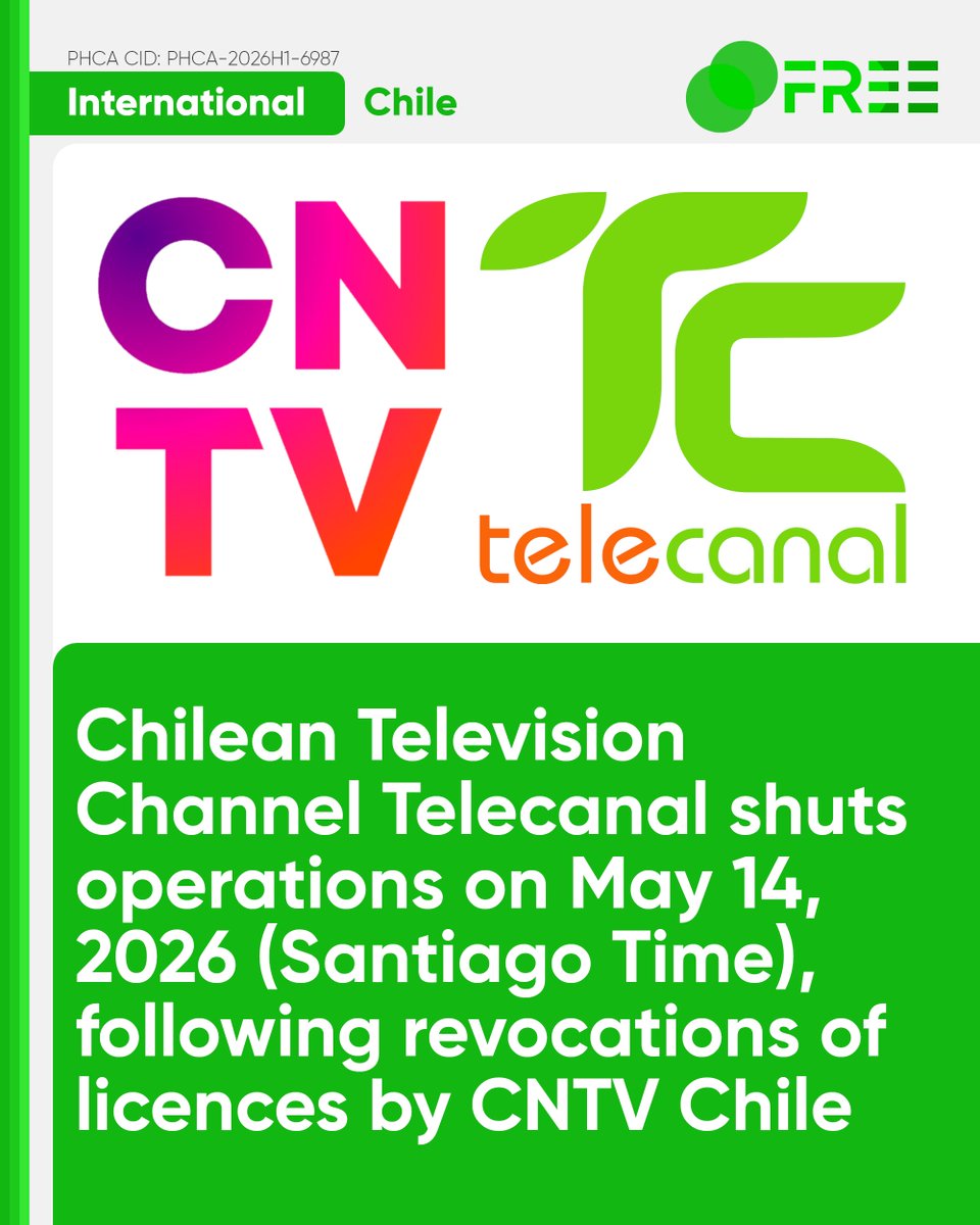 DRPSPHCA's tweet photo. International: #CNTV Chile revokes #Telecanal's broadcast licenses, ends its operations on May 14, 2026
Chilean Free-To-Air Television Network Telecanal ended its broadcast operations at midnight on May 14, 2026 (Santiago Time), following the decision of the Consejo Nacional de Televisión (CNTV, or the National Television Council of Chile) to expire its broadcast licenses due to violations against its programming and technical requirements.
CNTV declared on May 4, 2026, that the broadcast licenses issued to its owner and operator, Canal Dos S.A., have been nullified, due to technical violations against the Chilean Law No. 20,750, a law that requires all television networks in Chile (including TVN, Canal 13, Chilevision, Mega, La Red, and many others) to switch their broadcast from analog to digital. Chile switched off its analog transmissions on April 9, 2024.
At the time when this station is on the air until May 14, 2026, Telecanal aired its programming in key areas of Chile, including Santiago, Arica, Iquique, Chuquicamata, Antofagasta, Copiapó, and La Serena. CNTV investigated that Telecanal left its six regional stations off the air, and it did not initiate a mandatory x.2 ISDB-T Subchannel transmissions.
The said network illegally aired a Spanish feed of the Russian state-backed television network, Russia Today (RT), for 23.5 hours, which the CNTV previously sanctioned to allow the network any third parties to include its programming, resulting in a seven-day suspension, a violation of Article 16 (second paragraph) under Chilean Law No. 18.838.
Canal Dos S.A., the owner and operator of Telecanal, is a part of the multinational media entity, Albavisión. It began its broadcast operations on December 5, 2005, on Channel 2 in Santiago, broadcasting on the former channel space of Canal 2 Rock & Pop from 1995 to 1999, and Vidavisión from 1999 to 2005.
Its sister channel, La Red, owned by Compañia Chilena de Televisión (Chilean Television Company), is also part of the Albavisión media group.
PHCA-2026H1-6987