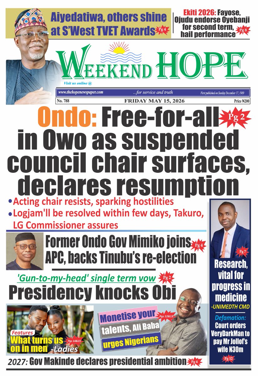 TheHopeNewsP's tweet photo. Dear readers, here is today's editions of Weekend Hope.

Kindly log on to https://t.co/uul7Vcf3OE, to read all stories and many more
Good morning https://t.co/i1a6jRMig7