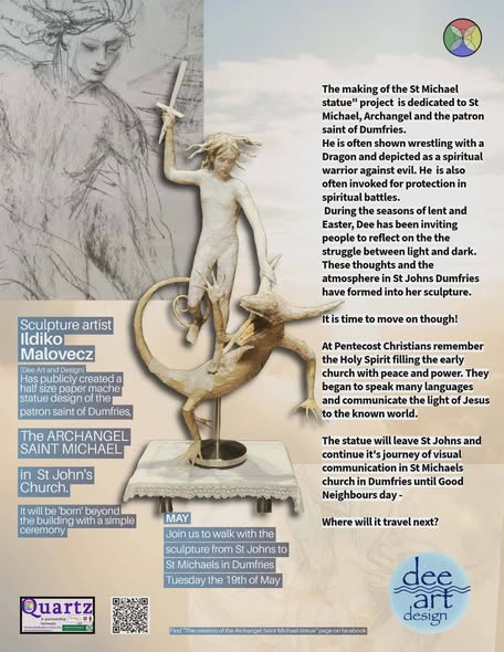 PodScotlan73457's tweet photo. ARCHANGEL MICHAEL IS REBORN.

Tuesday the 19th of May.

The army is gathering, ready to go....

The journey starts at 11am 19 May @ St John's Church. You are welcome to join us.

Archangel Michael is often shown wrestling with a Dragon and is depicted as a spiritual warrior against evil. He is also often invoked for protection in spiritual battles.

He is the Patron Saint of Dumfries.

During the seasons of Lent and Easter, Dee has been inviting people to reflect on the the struggle between light and dark.

These thoughts and the atmosphere in St Johns Church, Dumfries have been formed into her sculpture.

It is time to move on.

At Pentecost, Christians remember the Holy Spirit filling the early church with peace and power. They began to speak many languages and communicate the light of Jesus to the known world.

The statue will leave St Johns Church and continue it's journey of visual communication in St Michaels Church in Dumfries until Guid Nychburris  day.

Where will it go next?

Join us to walk with the sculpture from St Johns to St Michaels in Dumfries.

Tuesday the 19th of May.

11am.

I sometimes listen to Jospeh Tittel as I am working. He has a lovely energy and a good heart.

I was so surprised to hear him talk about Archangel Michael last week. So I edited it and have popped it below.

I sense that Ildiko is deeply inspired to create and bring forth the energies of Archangel Michael at this time.

See you on the 19th, May.

https://t.co/irGLYWlwQG